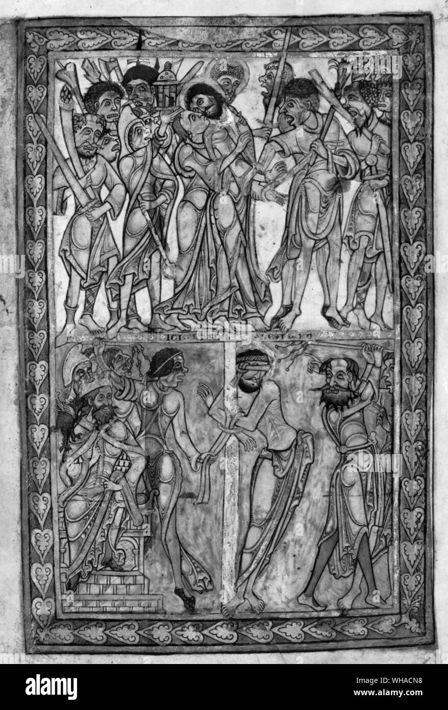 The Betrayal of Christ and the Scourging of Christ from the Winchester Psalter c 1160 Stock Photo