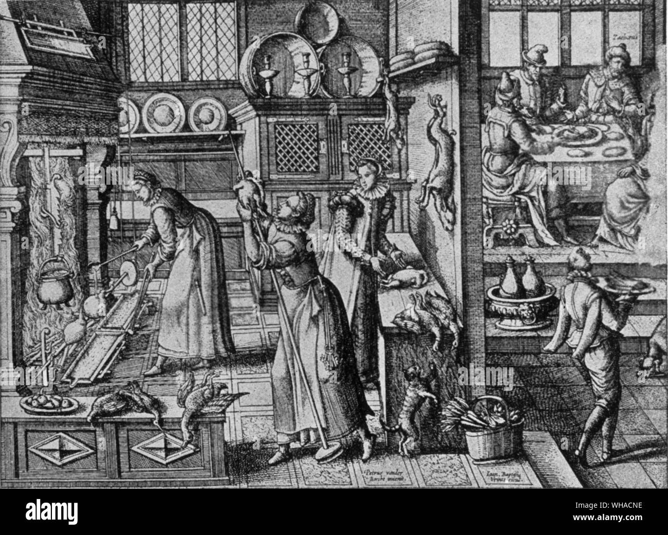 A XVI century kitchen and dining room from an engraving by J B Vries after P Van der Borcht illustrating a Biblical scene Stock Photo