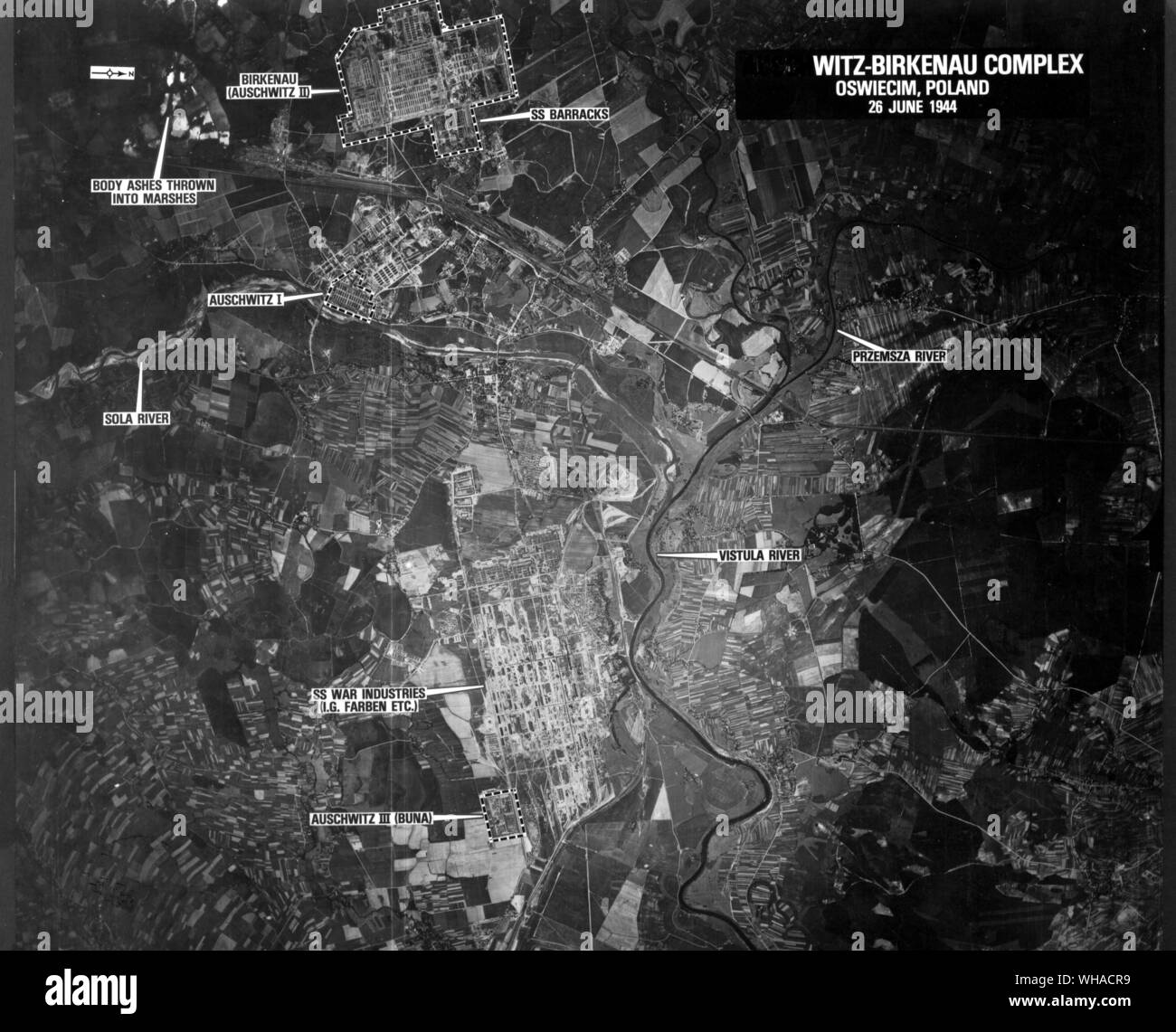 An aerial photograph taken on 26 June 1944 showing Auschwitz I (Main Camp) Auschwitz II (Birkenau) and Auschwitz III (Buna) as well as the I G Farben synthetic oil plant at Monowitz Stock Photo