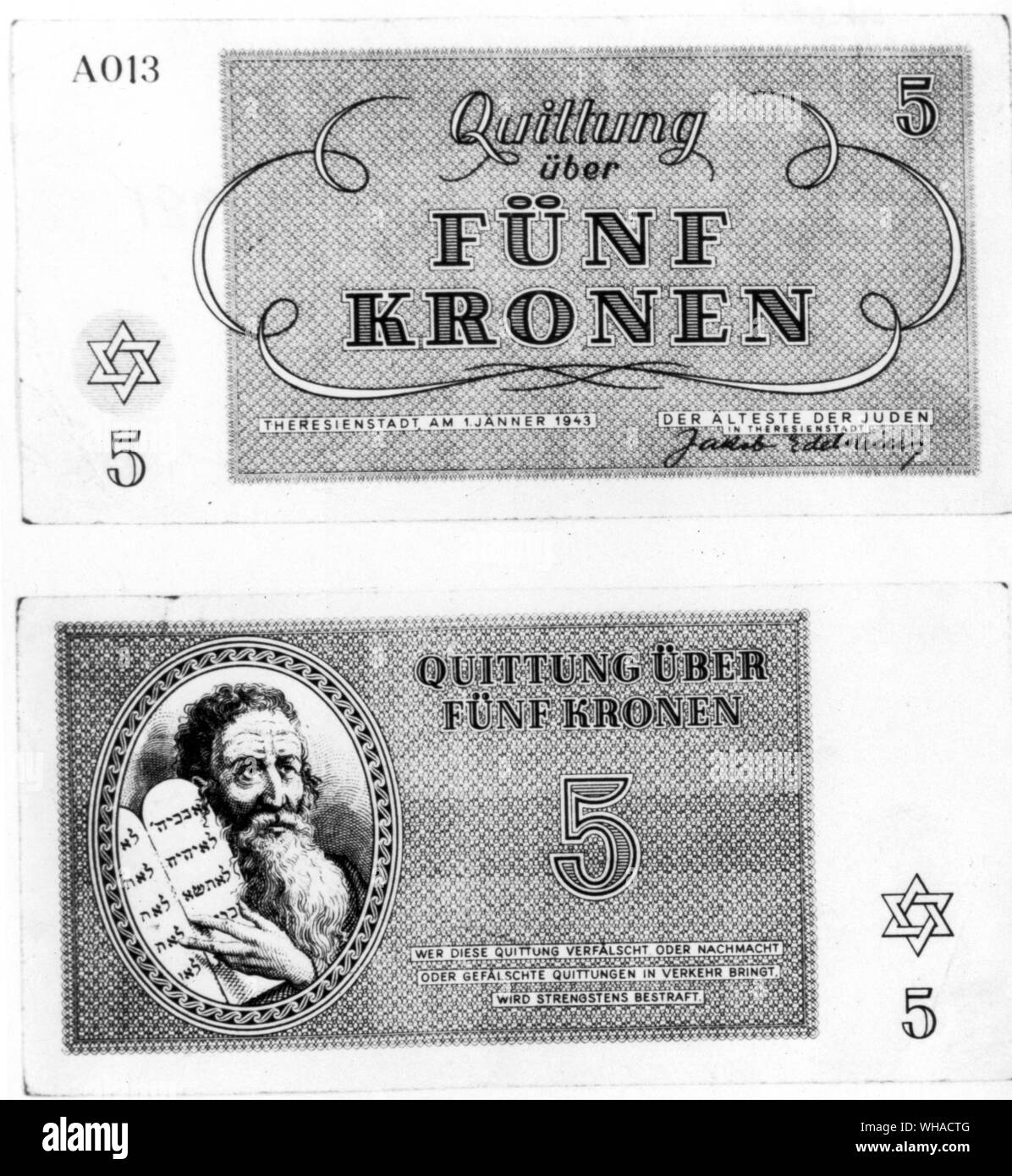 Money issued in the Theresienstadt ghetto. This note was printed on Jaunuary 1 1943 signed by Jakob Edelstein the ghetto Elder Stock Photo