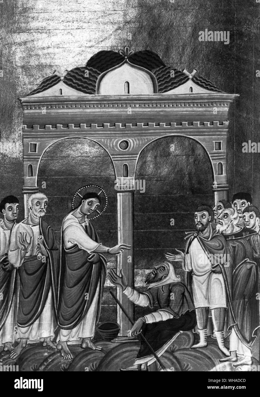Healing a blind man. From the evangeliary of Otto III Stock Photo