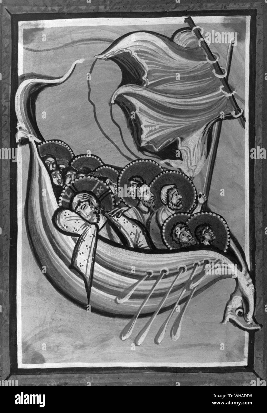 Storm on the Sea of Galilee. Illustration from the evangeliary of Abbess Hilde von Meschede Stock Photo