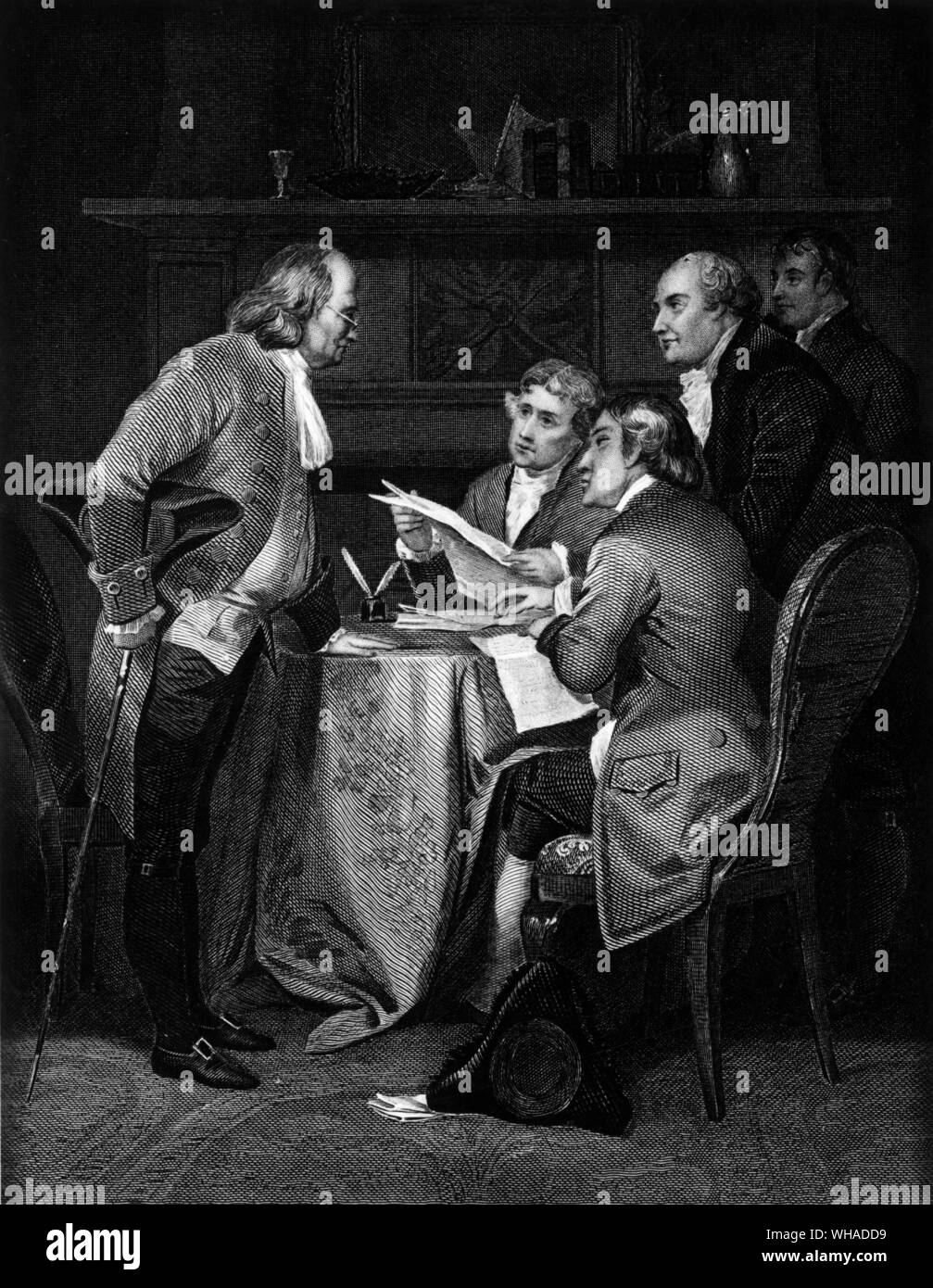 Franklyn, Adams, Sherman and Livingstone with Jefferson writing the Declaration of Independence Stock Photo