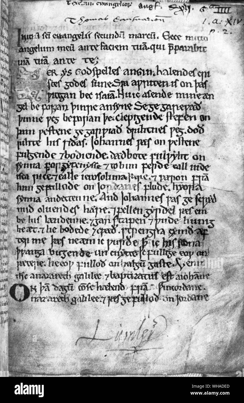 Part of a page from an Anglo Saxon translation of the Gospels of the 12th century. It shows the opening of St Marks Gospel. This is the earliest form of the English language Stock Photo