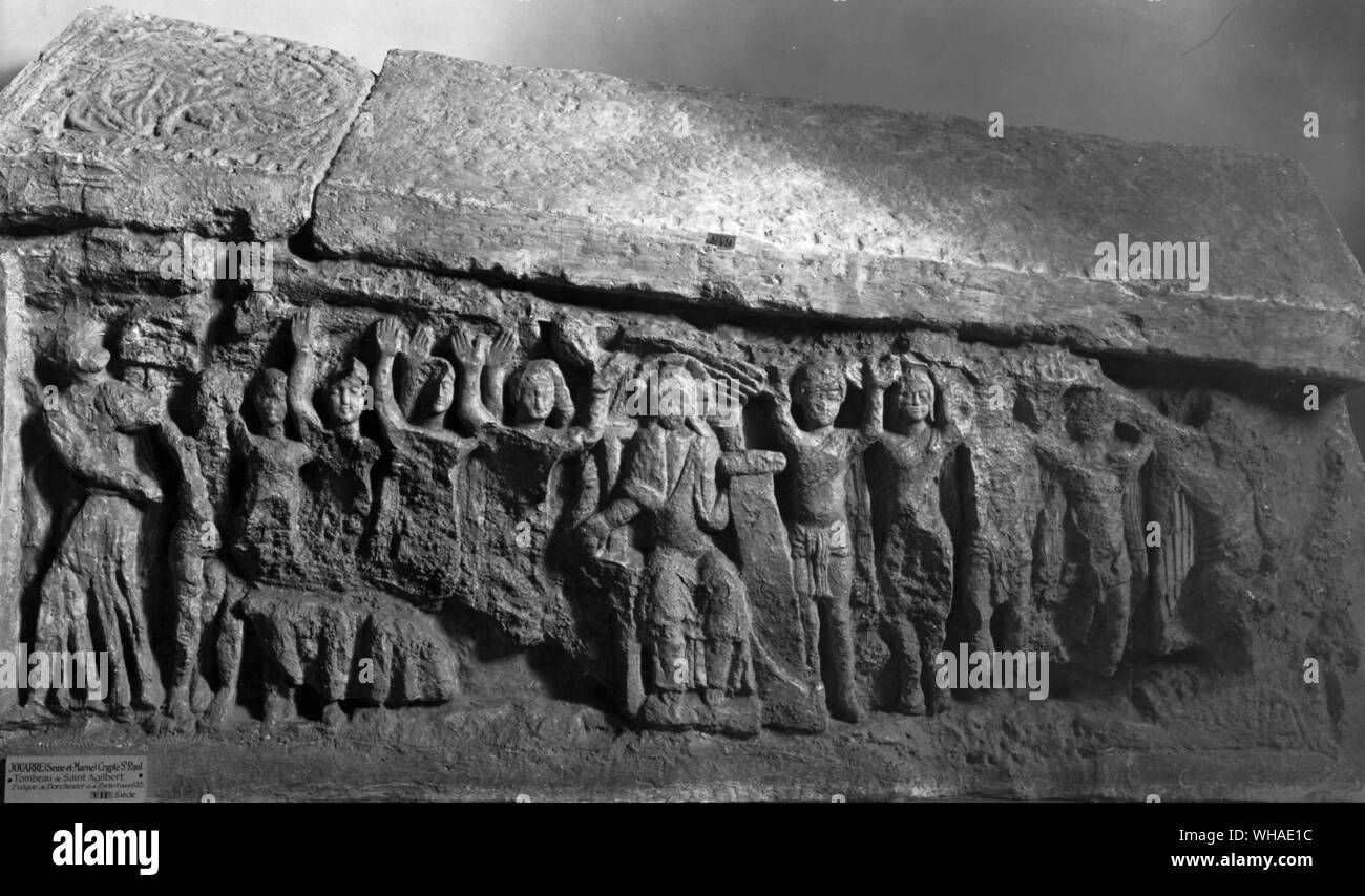 Gallo Roman early christian sculpture 7th century.. God acclaimed by the Blessed. Detail of Bishop Angilbert's tomb. Jouarre Church crypt. Stock Photo