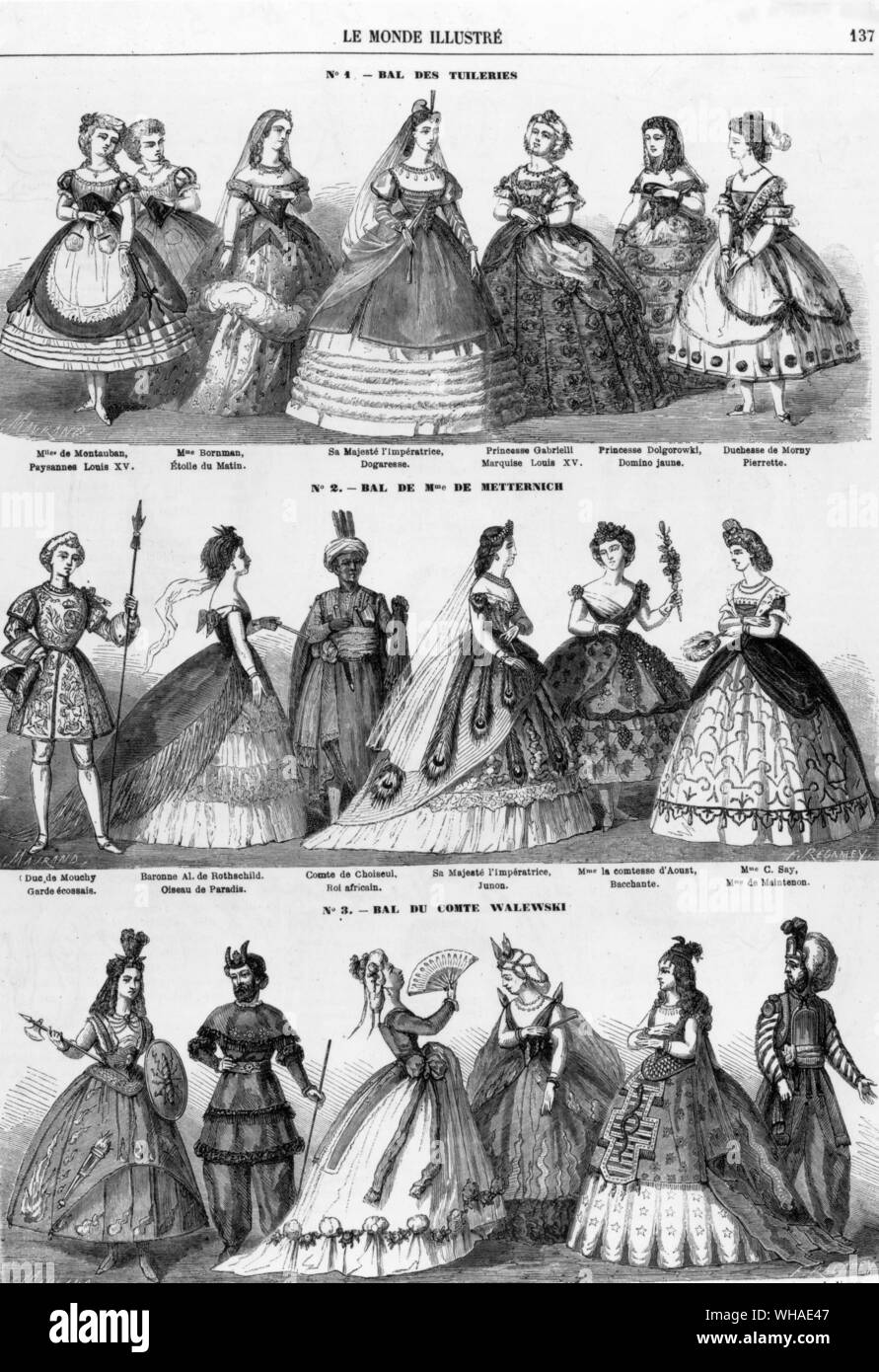 From Le Monde Illustre 28th February 1863. Fancy dress costumes worn by the Empress Eugenie and others to parties in Paris in 1863 Stock Photo