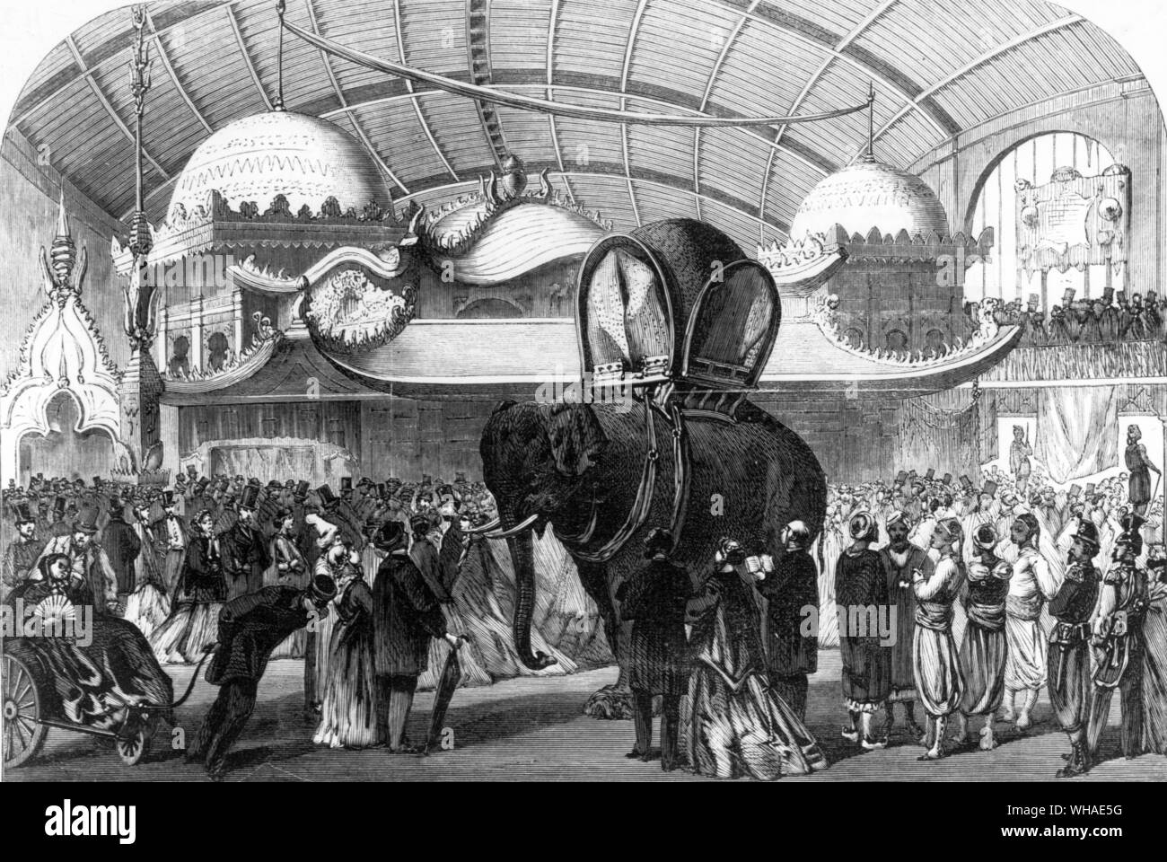 July 20th 1867 Illustrated London News. Model of an elephant in the Siamese section of the Machine Gallery at the Paris International Exhibition Stock Photo
