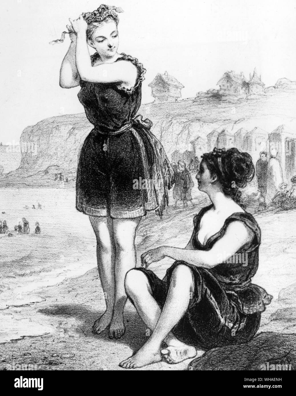 Bathing costumes 1867. From Le Charivari Stock Photo