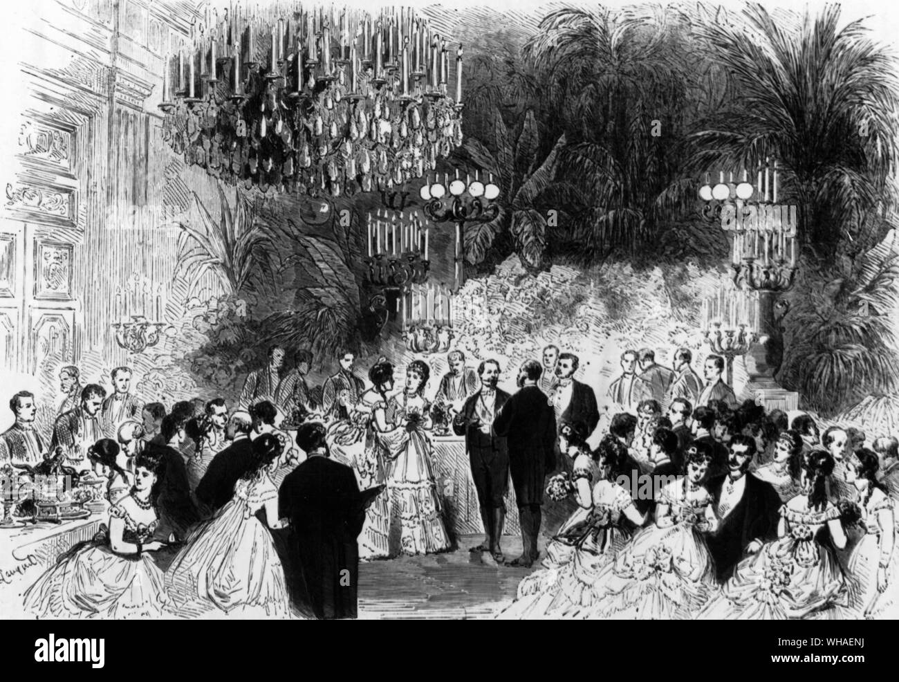Les 'Lundis' (small parties for 300 guests) were held by the Empress Eugenie at the Tuileries. This one was held on 10th May in honour of the Prince of Wales and the Archduke of Austria. Napoleon III is standing in the centre (with the moustache), Eugenie is standing on his left. Stock Photo