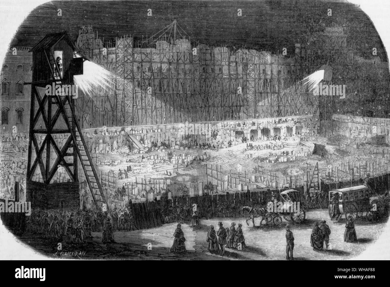 L'Illustration 30th September 1854. Construction work on the Rue de Rivoli Paris, the work is lit up by electric light Stock Photo