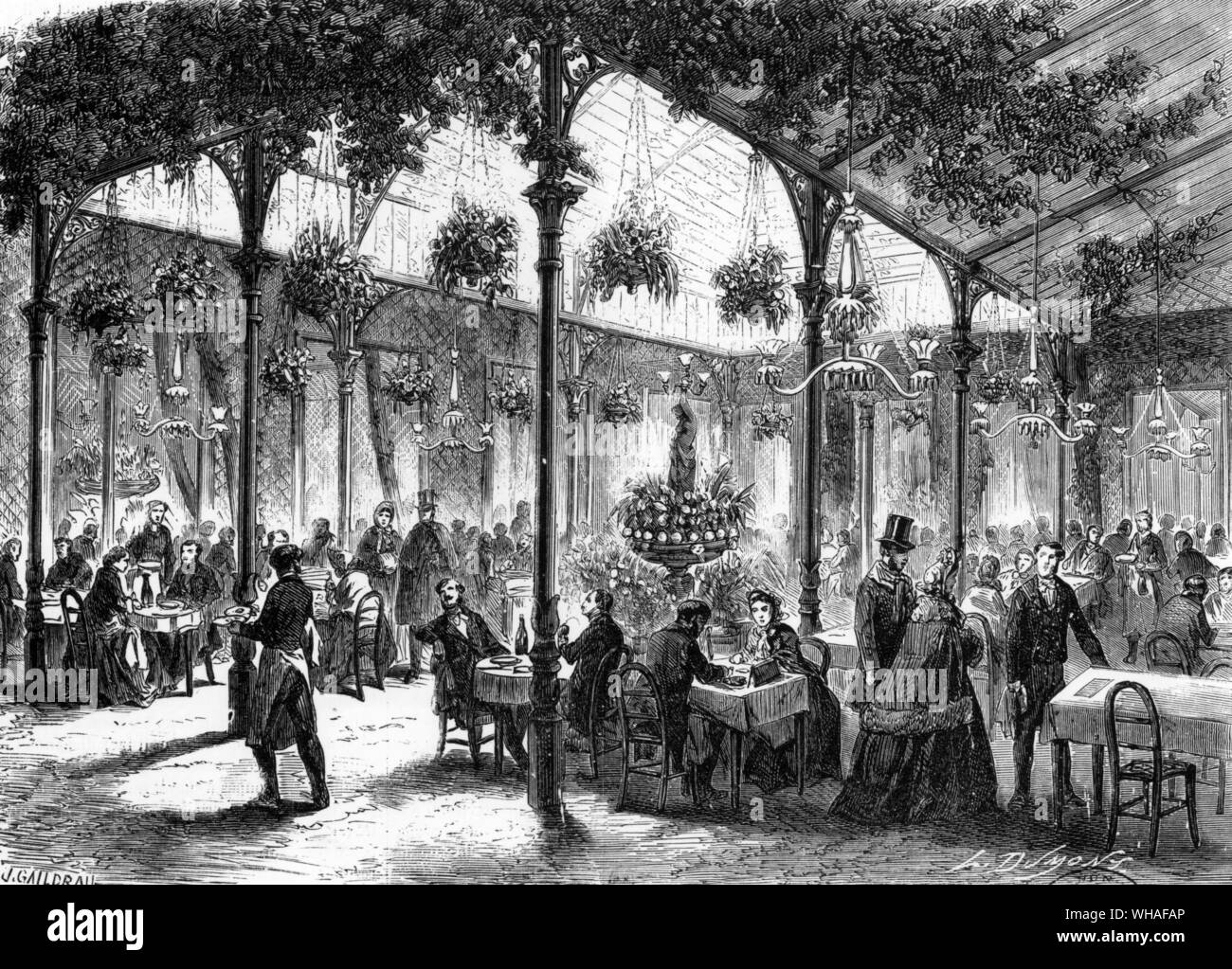 Jardin d'Hiver the Winter Garden of the Restaurant Champeaux, Place de la Bourse, designed by the architect Profilet. 1864 Stock Photo