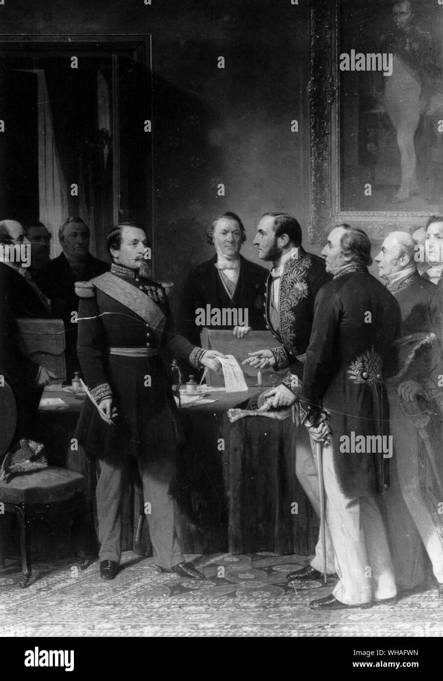 Yvon. Baron Haussmann presenting to the Emperor Napoleon III his plan for the annexation of the Communes surrounding the old town of Paris. early 1850s Stock Photo