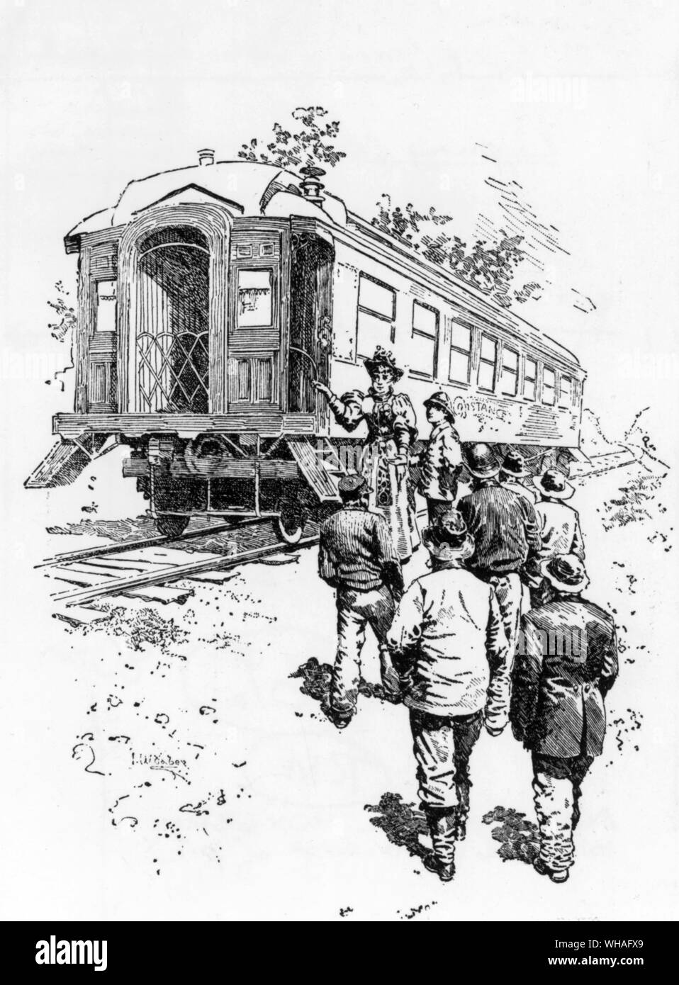 Most English children on reading Captains Courageous are puzzled by reference to the private cars Harvey & Constance owned by Harvey Cheyne's millionaire father. Mrs Cheyne introduces the crew of the 'We're Here' to the 'Constance' Stock Photo