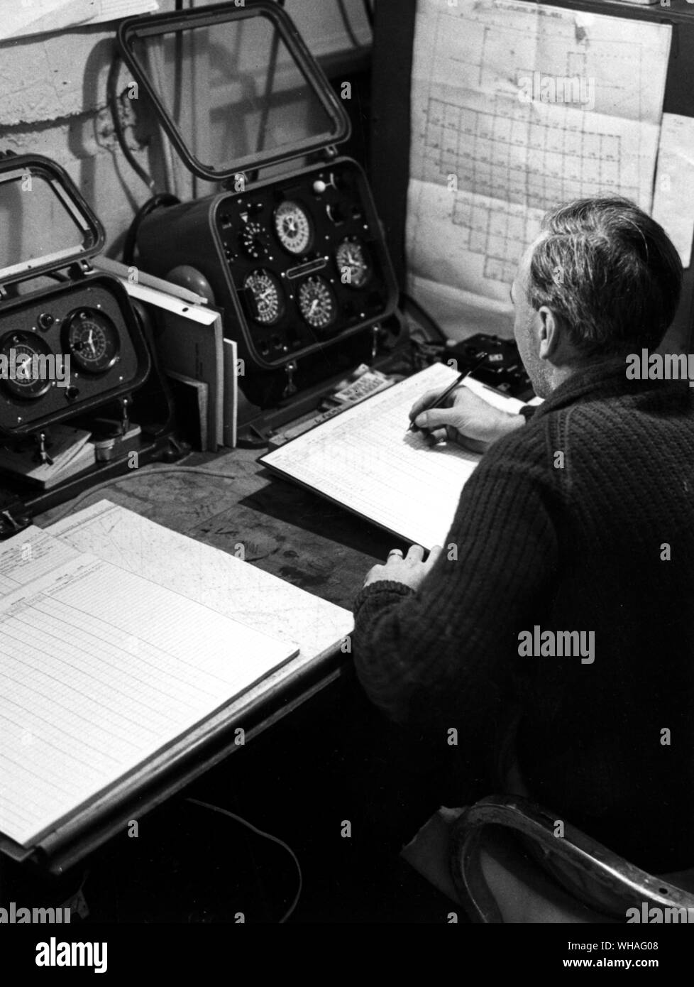 BP North Sea Survey on Board 'Texin'. Geophysical surveys at sea demand an extremely high degree of navigational accuracy. Each shot is plotted by Decca aids within a margin of a few feet. 1964 Stock Photo