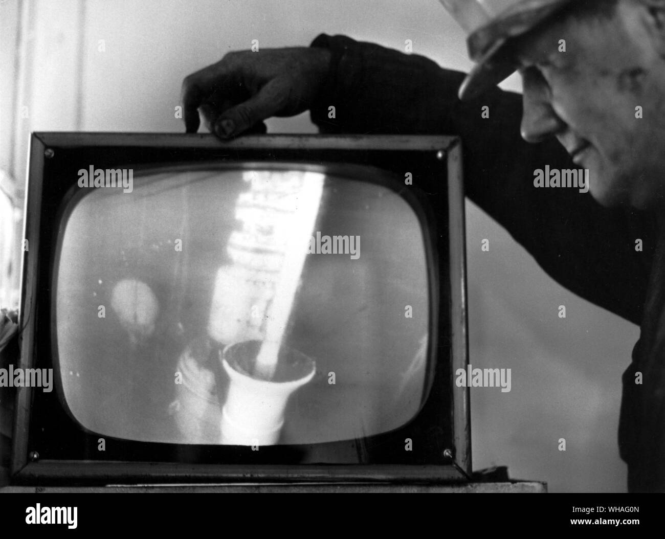 Examining wellhead on sea bed on closed circuit television on board BP's drilling platform Sea Quest in the North Sea. 1968 Stock Photo