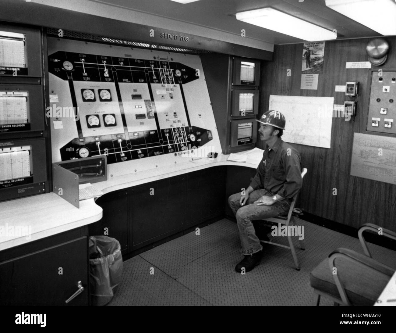 Control room on board drilling platform Sedco 703 (on long term charter to BP) north east of the Shetland Islands. 1974 Stock Photo