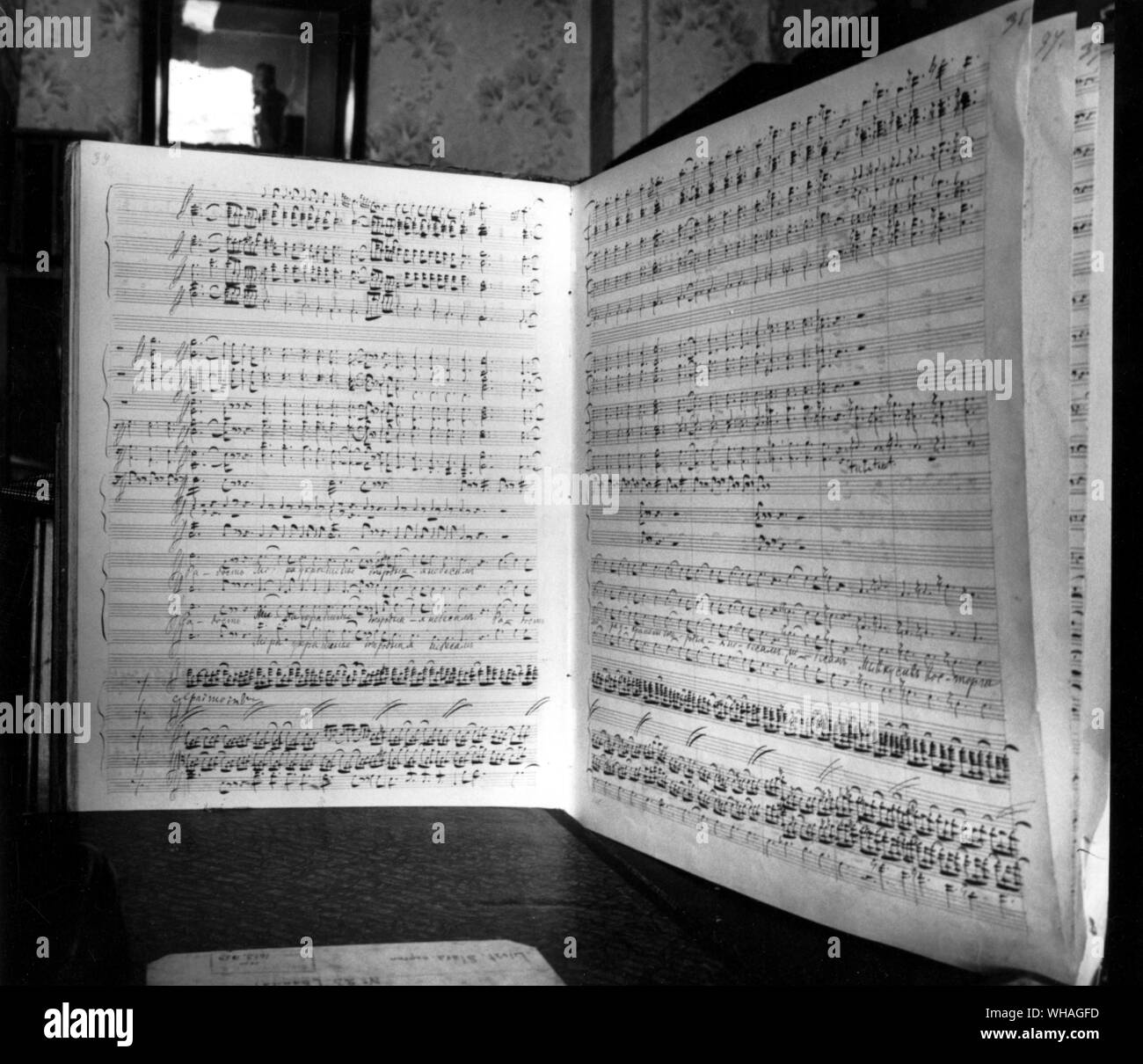 Manuscript of a page of Tchaikovsky's music for choir and orchestra: setting for Schiller's Hymn 'To Joy' Stock Photo