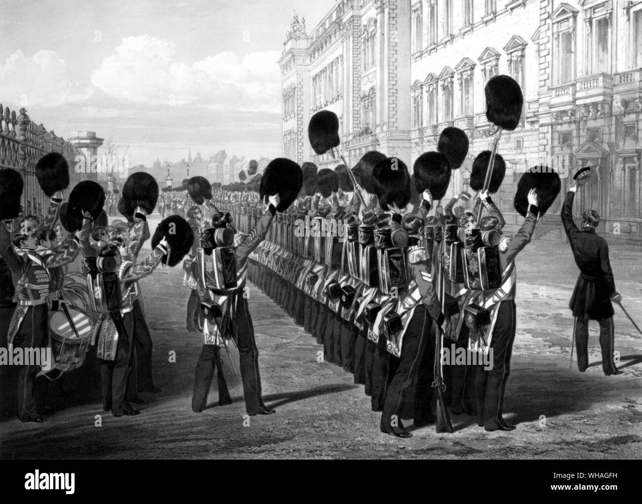 Russian War Series of Views 1854. G H Thomas engraved by E Walker. Parade of the Scots Fusileer Guards at Buckingham Palace Stock Photo