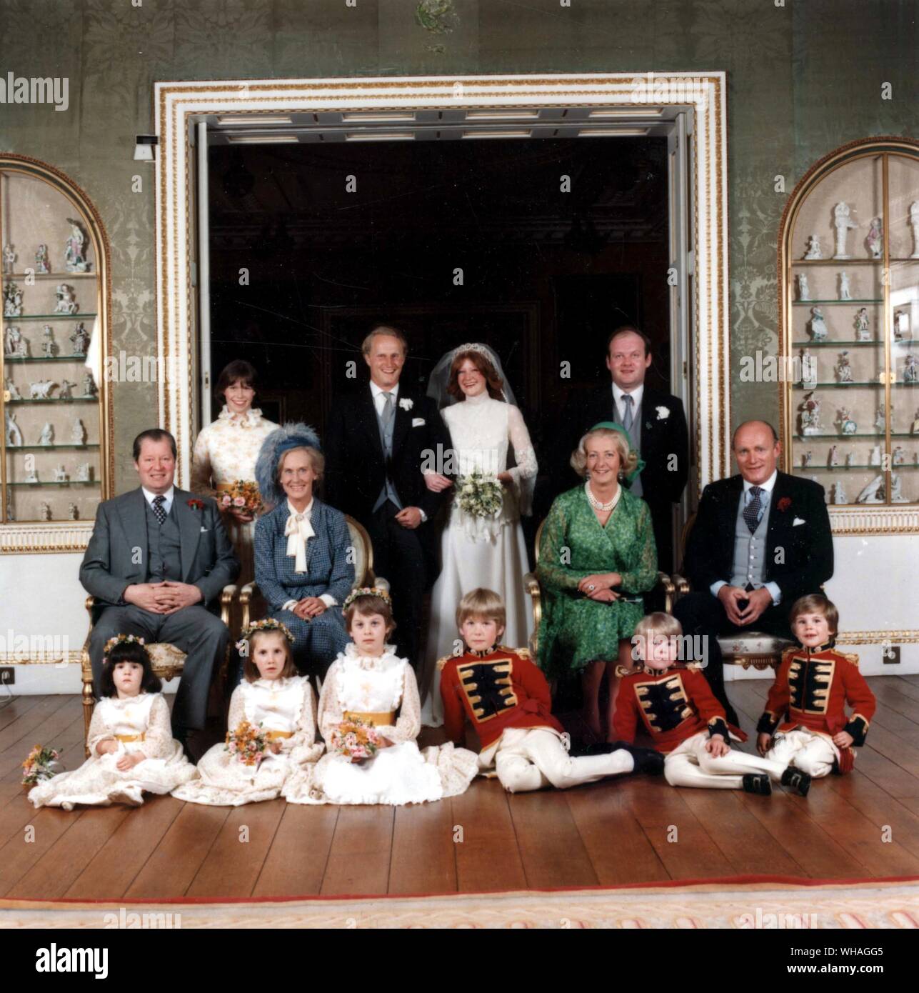 Lady Sarah Spencer married Neil McCorquodale at St Marys Church Great Brington near Althorp on 17th May 1980. Lady Sarah Armstrong Jones in the back row was a bridesmaid, Earl Spencer is seated on the left of the picture beside the grooms mother with the Hon Mrs Peter Shand Kydd and Mr Alistair McCorquodale to the right Stock Photo