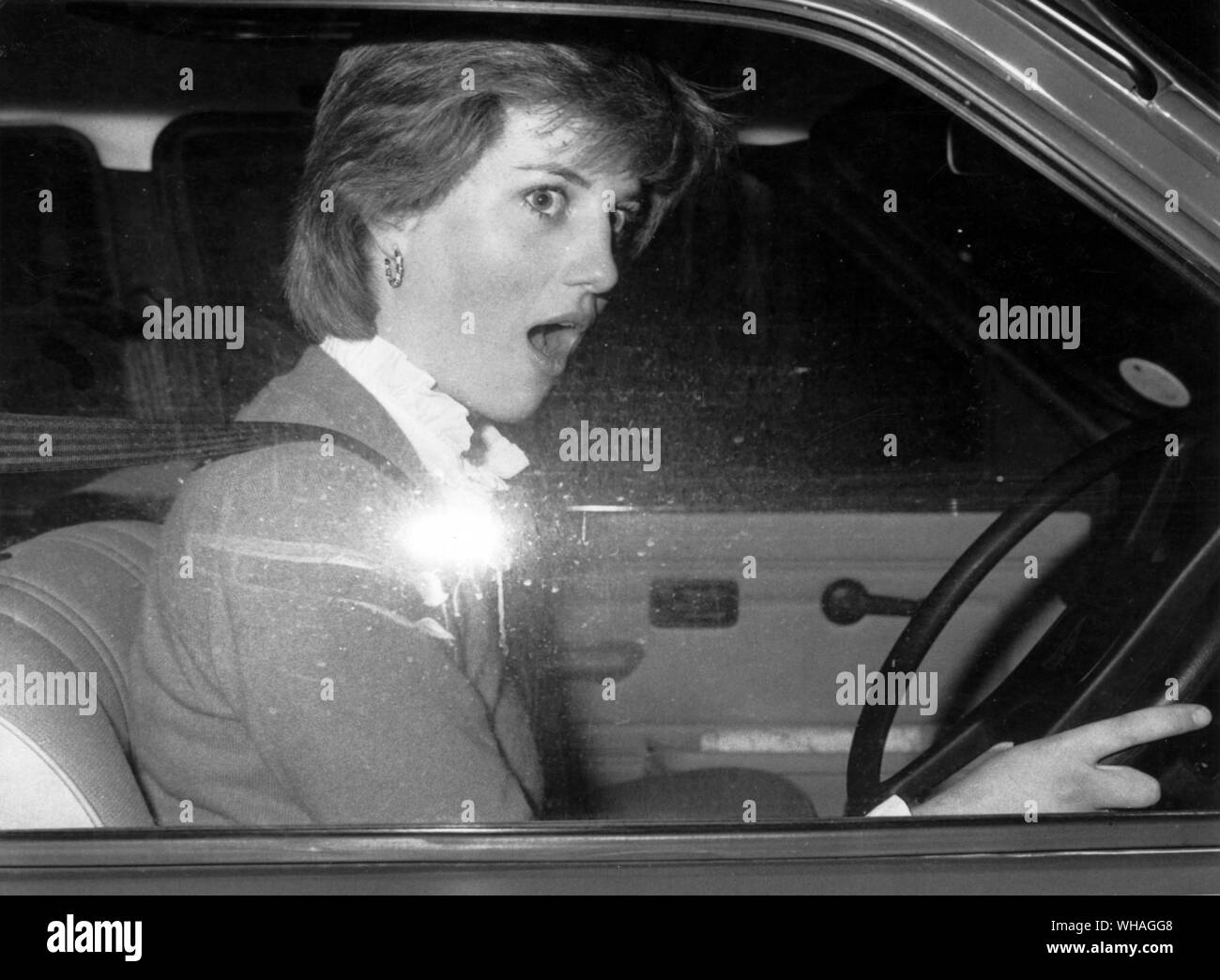 Lady Diana Spencer looks astonished as she stalls her car a new Mini Metro outside her Earls Court London flat this morning when leaving for her job as teacher at the Kindergarten in Pimlico. November 17th 1980 Stock Photo