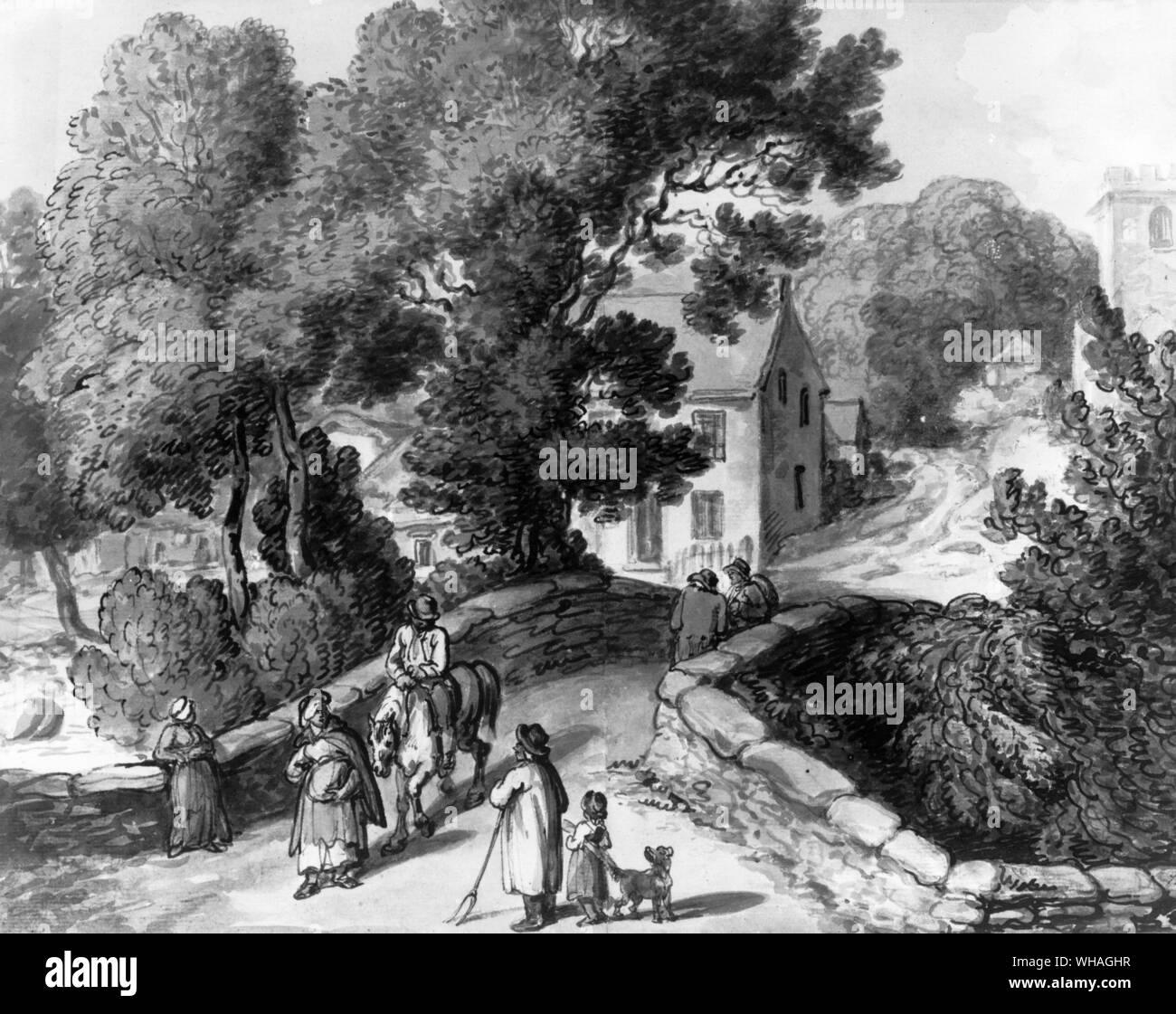 Landscape with horseman and figures. by Rowlandson Stock Photo