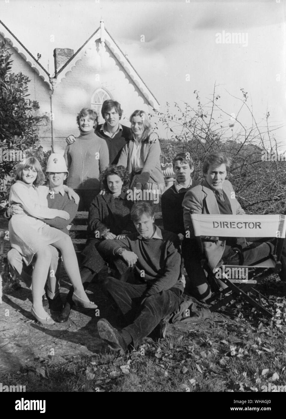 The Grenville Players 1981. Back row, right to left, Henrietta Pickthorne, Harry Herbert, Carolyne. Middle row, right to left, Chris Figg, Simon Berry, Lulu River Carnac Hugo Morgan Grenville, Clara?. Front, James Meneage. Stock Photo