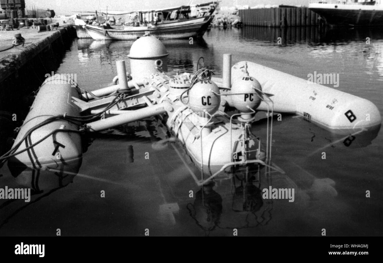 Abu Dhabi Marine Areas Ltd. Subsea separator for the Zakum field in Das Island harbour; the buoyancy tanks are set in the towing position. 1971 Stock Photo
