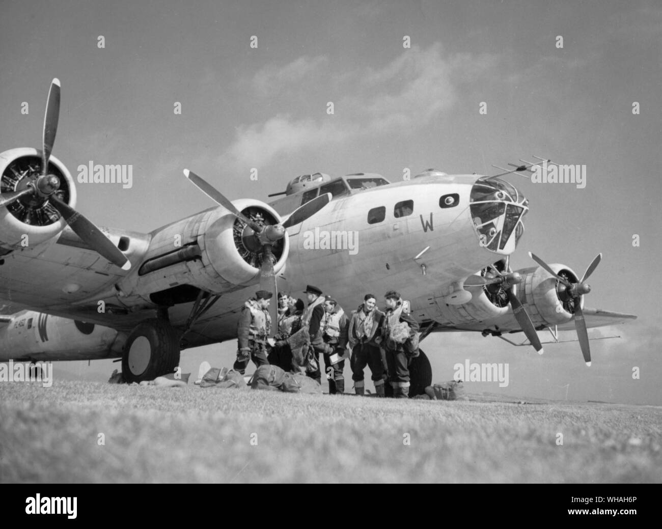 Radar devices on RAF Aircraft. A RAF Coastal Command Flying Fortress with Radar equipment extending from the nose and beneath the wings Stock Photo