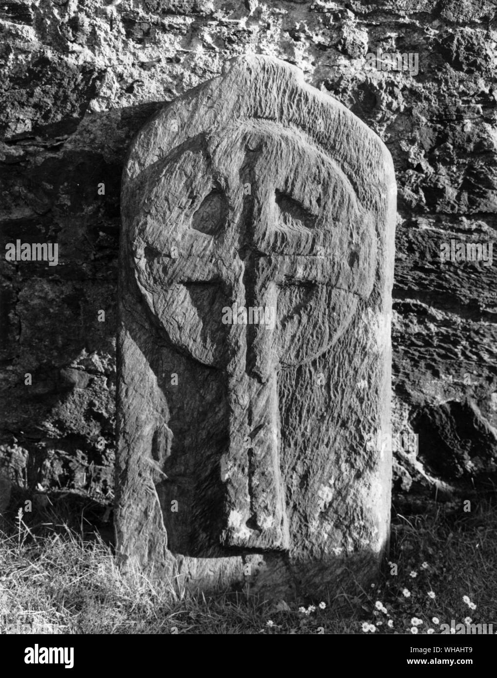 Wicklow. Glendalough. Cross inscribed slab Stock Photo