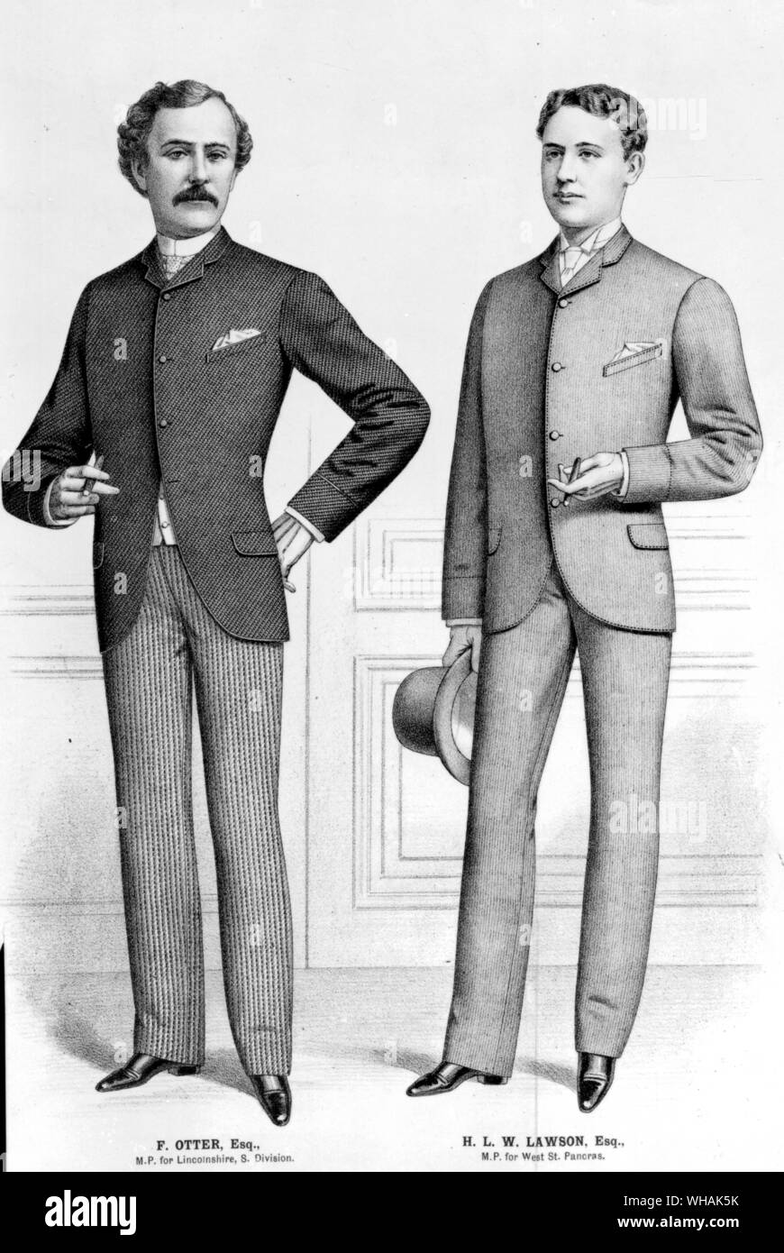 Tailor and Cutter. 1886. Left: Mourning coat. Right: Lounge suit night. . British costume for spring and summer. Left: Mr F Otter MP for Lincolnshire . Right: H L W Lawson MP for West St Pancras Stock Photo