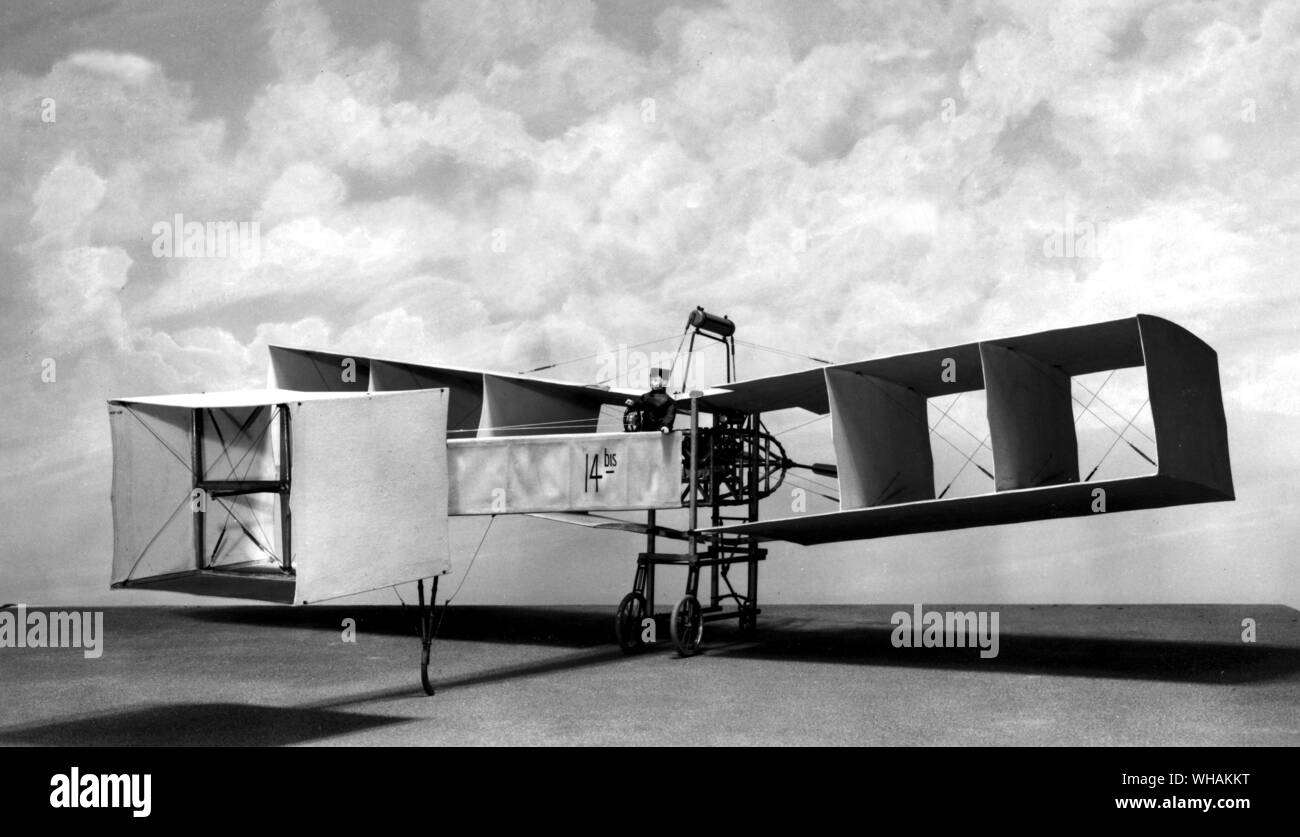 A museum model of Santos Dumont's unconventional flying machine called the '14-bis'. The maker gave it this name because he at one time tested it hanging beneath his airship No 14. 1906 Stock Photo