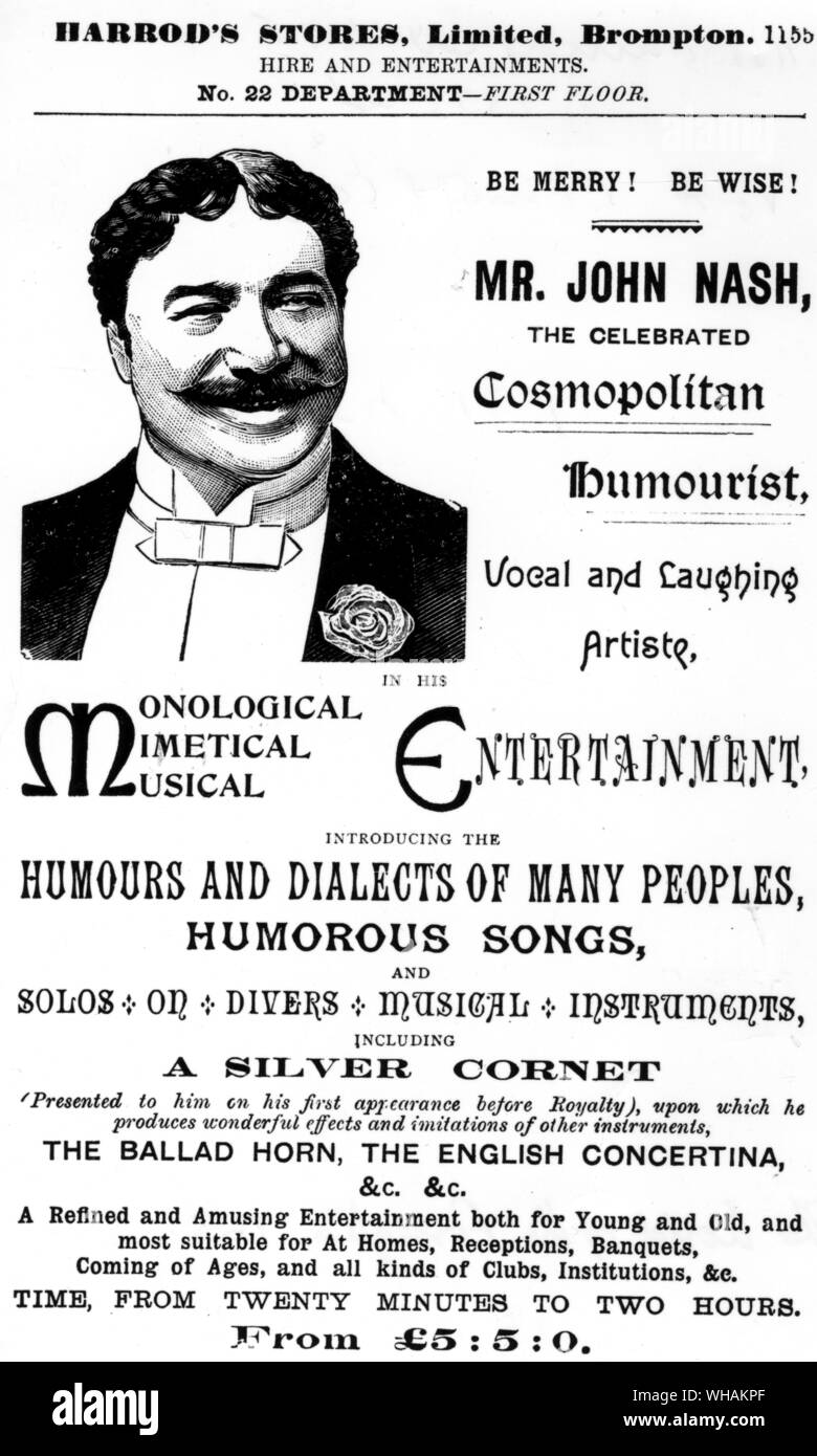 Harrod's 1895. Hire and Entertainments. Mr John Nash the celebrated Cosmopolitan humourist Stock Photo