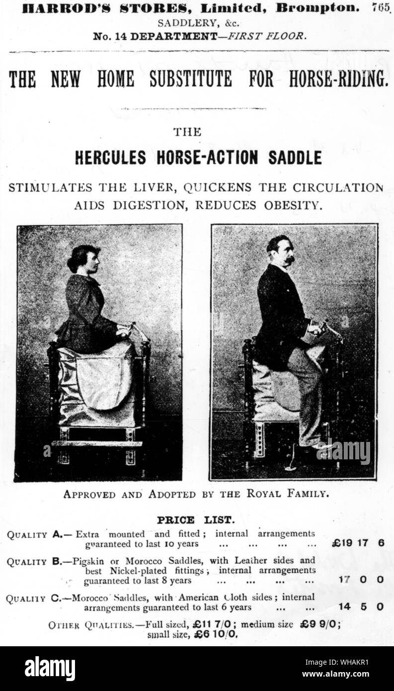 The new home substitute for horse-riding. Stimulates the liver, quickens the circulation, aids digestion, reduces obesity. Approved and adopted by the Royal Family. 1895. Harrod's Stores Stock Photo