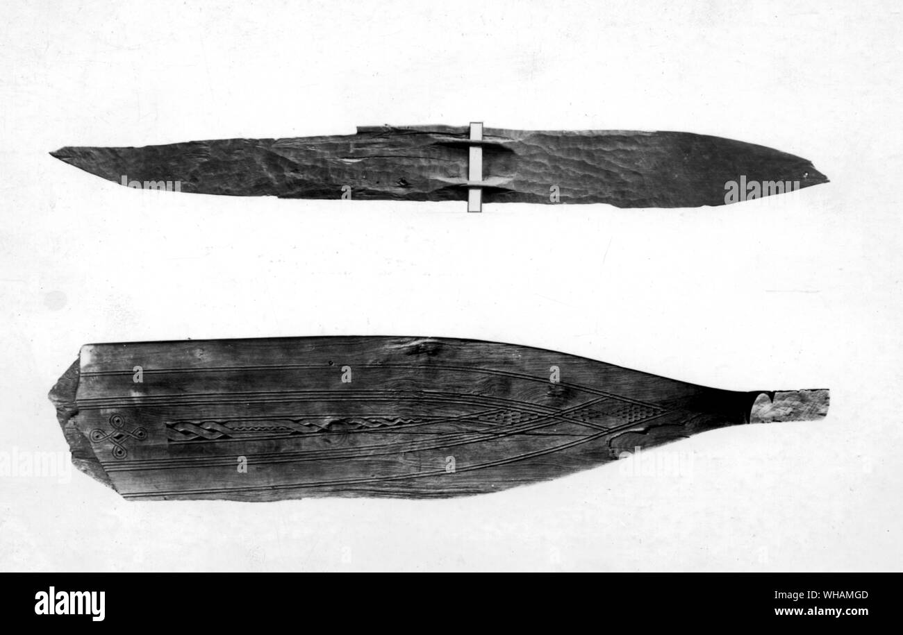 Skis. . Left, marsh find, stone or bronze age, central Finland. Right, front fragment of ski, marsh find c 800 Northern Finland Stock Photo
