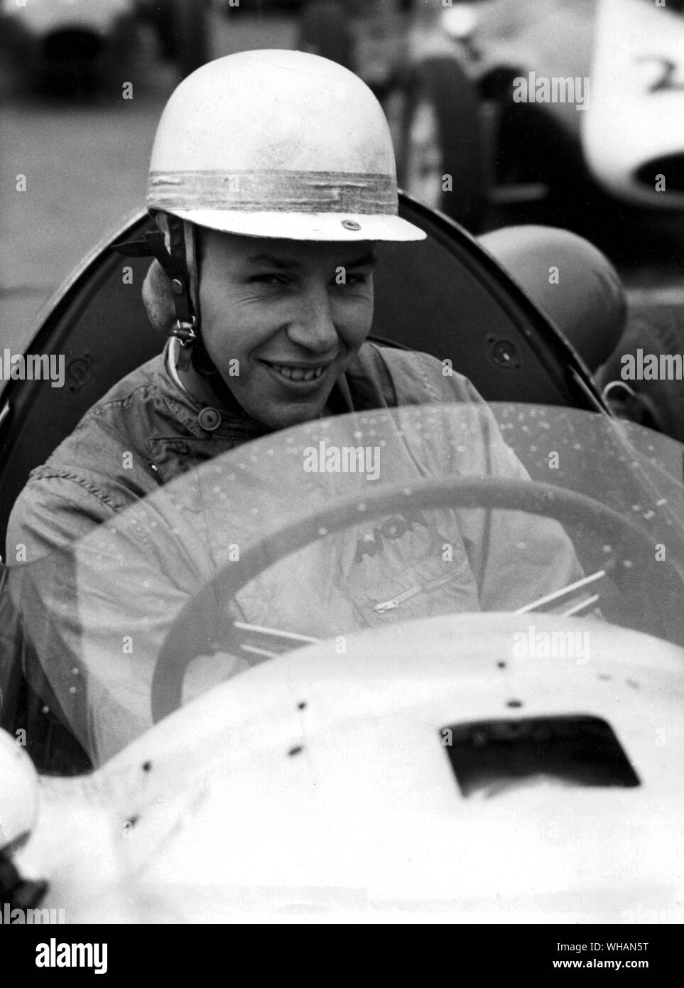 John Surtees world champion motor cyclist who has taken up motor car racing at the wheel of a Cooper Austin  31 March 1960 Stock Photo
