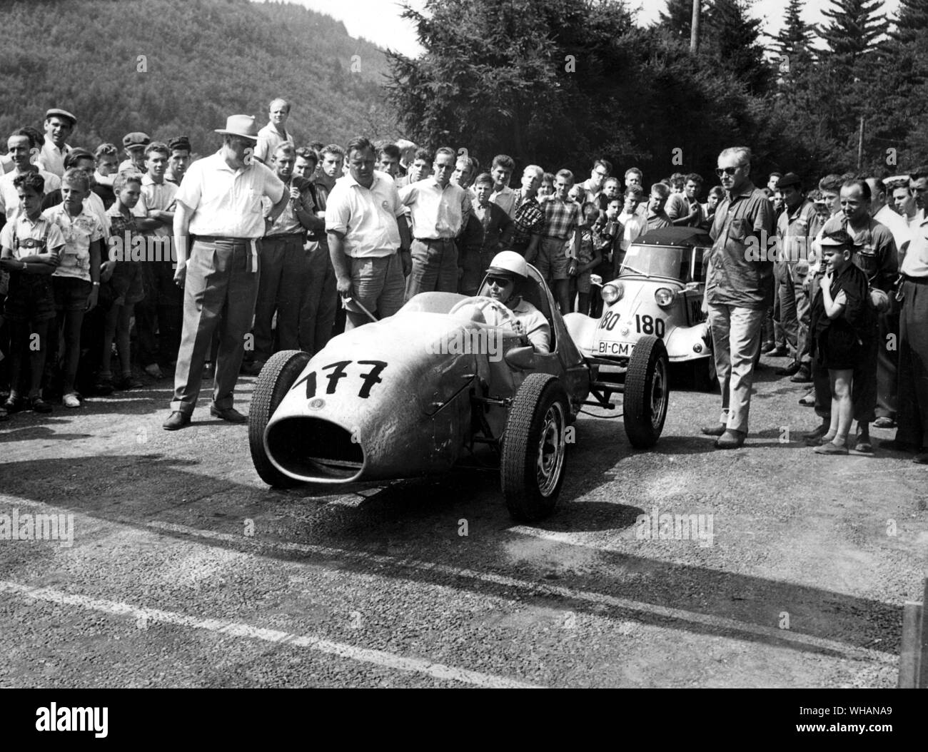 Freiburg Mountain Climb . One of the two auto unions Hartmann formula junior cars photographed at the start of a practice climb Stock Photo