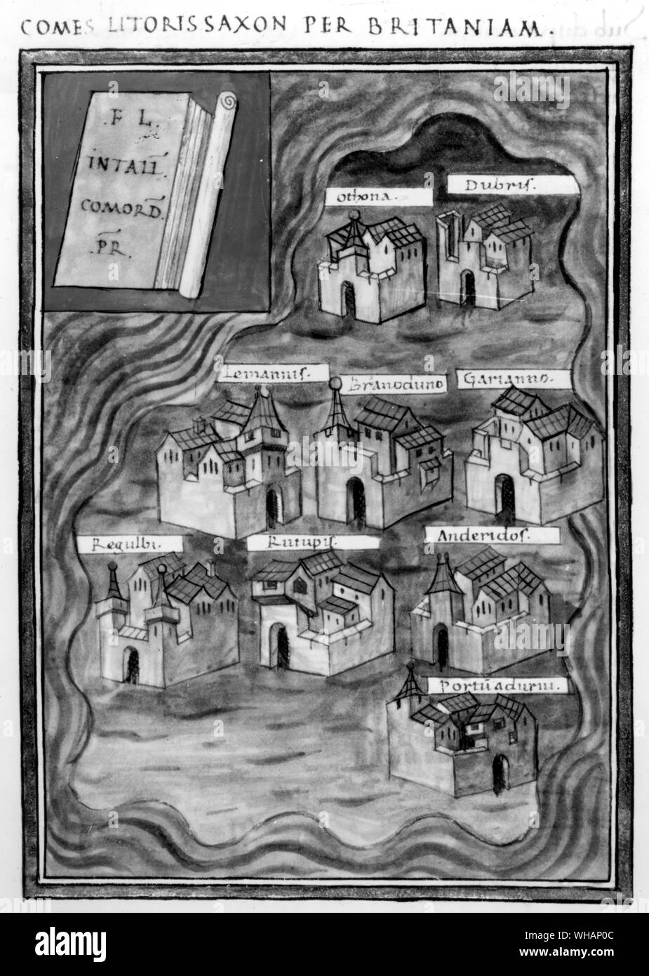 The Nine Forts of the Saxon shore, bases for the Roman defence of Britain against Germanic invaders. From 1436 Mediaeval transcript of a 5th century military handbook Stock Photo