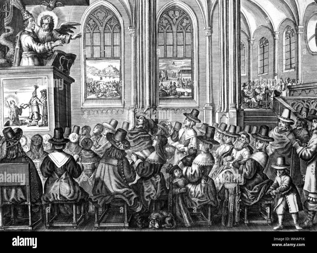 Dutch print showing Lord Protector ( Cromwell ) preaching. The crown is surmounted by a plume of peacock feathers. the Battle of Worcester is seen through the window. 28th September 1651 Stock Photo