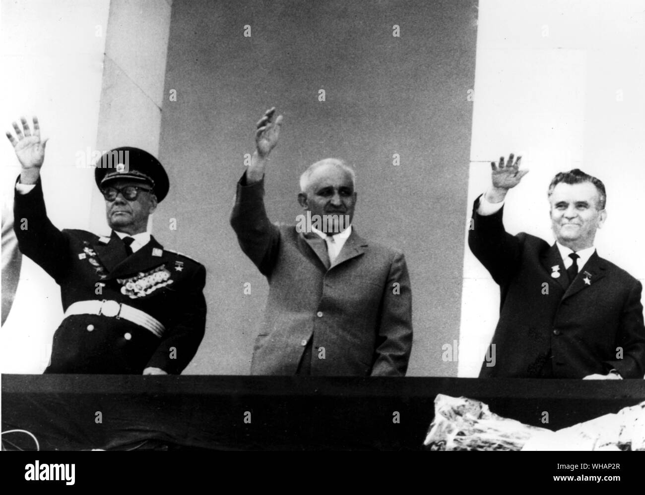 Bulgarian National Day was celebrated on 9th September, the 21st anniversary of the Socialist Revolution in Bulgaria, with a military parade and demonstreation on the 9th September Square, Sofia, capital of Bulgaria. Taking the salute on the tribune of the Georgi Dimitrov Mausoleum during the demonstration are seen left to right: General Ivan Mihailov, Deputy Prime Minister Todor Zhivkov, Prime Minister and First Secretary of the Bulgarian Communist Party, and Georgi Traikov, Chairman of the Presidium of the National Assembly. Stock Photo