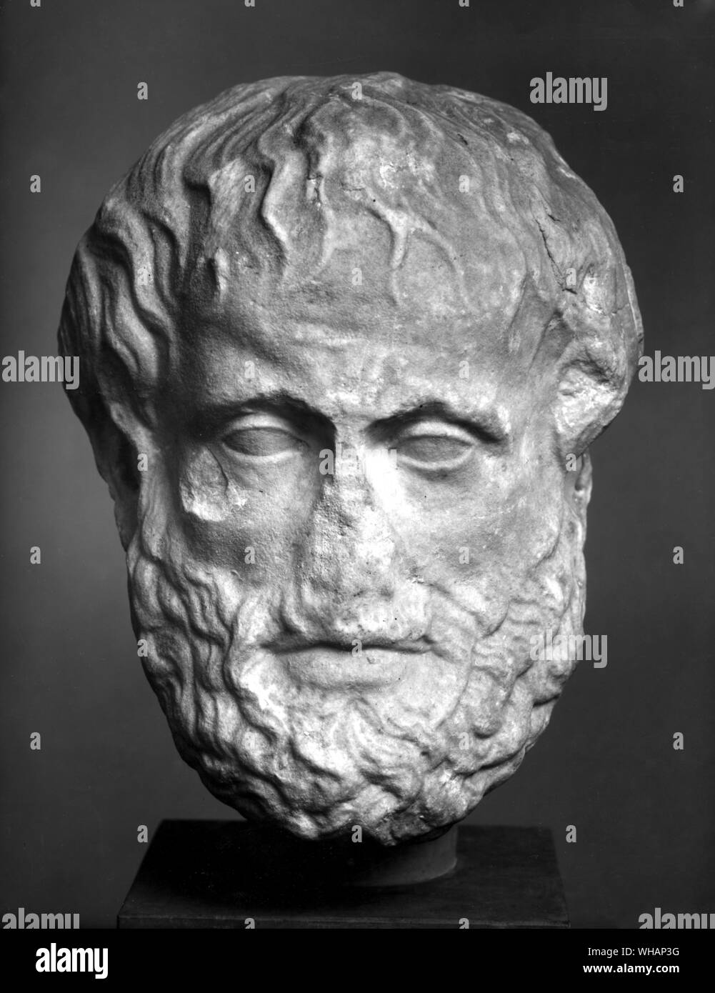 Aristotle . . Aristotle (also Aristoteles; the Stagirite) Greek critic, logician, naturalist, philosopher, physicist, and zoologist; father of logic; father of dramatic criticism; founder of Lyceum; wrote Physics, Nicomachean Ethics, Politics, Poetics  384b-322b . . . . . Stock Photo