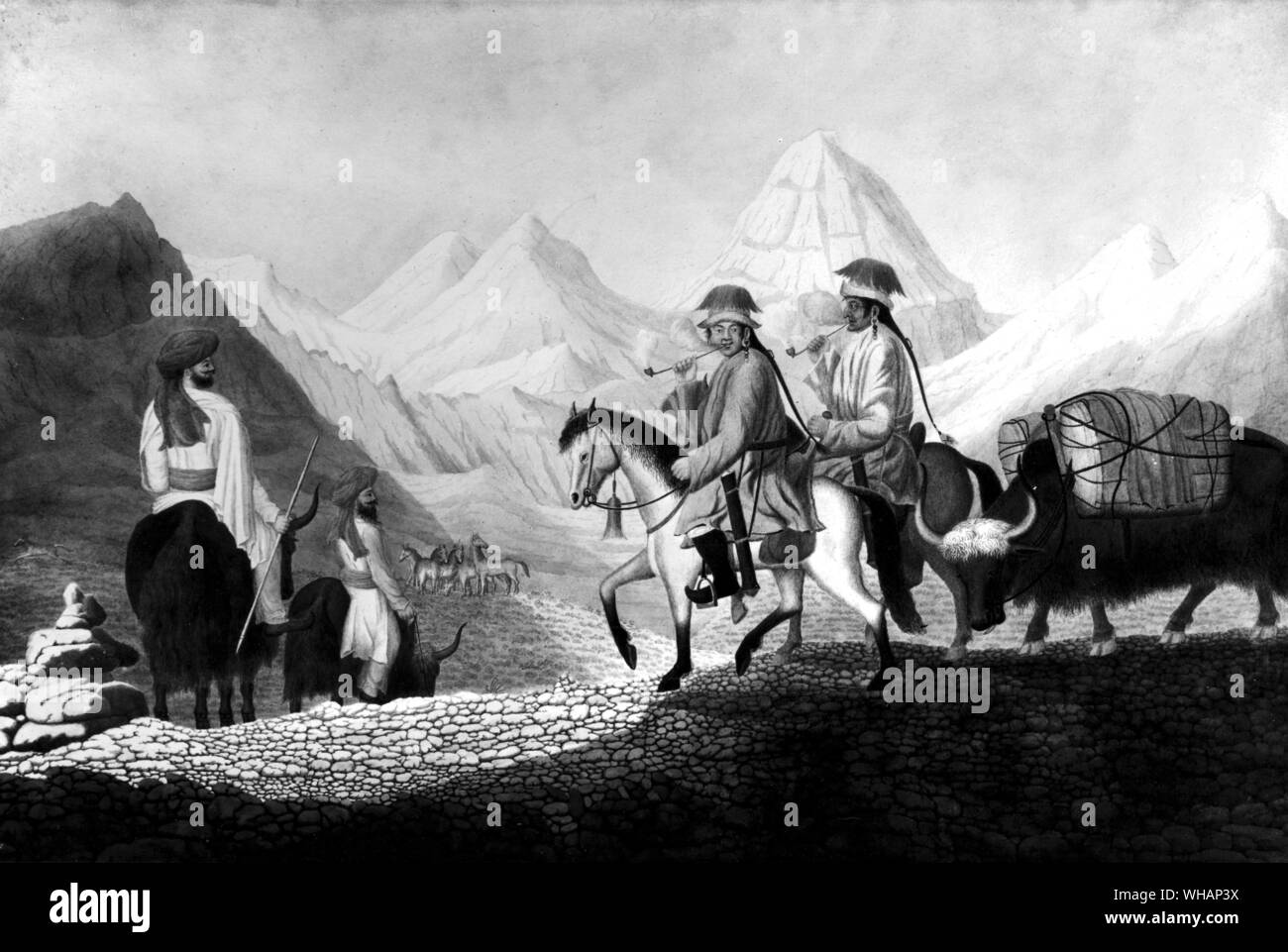 Moorcroft and Hearsey on the road to Lake Mansarowar (Tibet). The travellers wearing Indian dress, and riding on Yaks, are shown meeting two Tibetans on horseback with a loaded Yak. Stock Photo