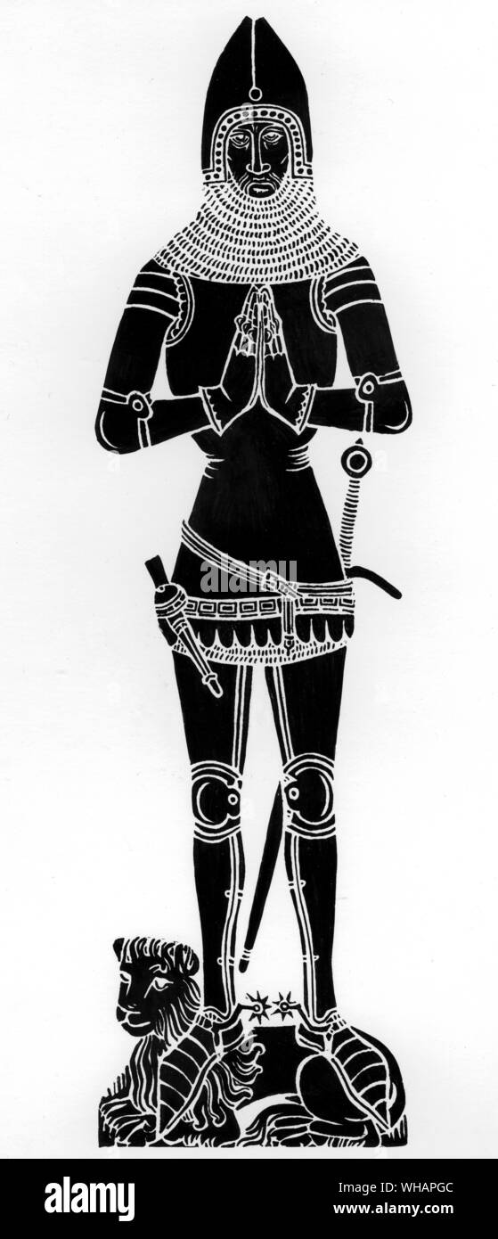 Armour example, almost all plate mail except for chain mail on head and shoulders and chainmail undershirt. . Brass rubbing by Robert Albyn 1400 Stock Photo