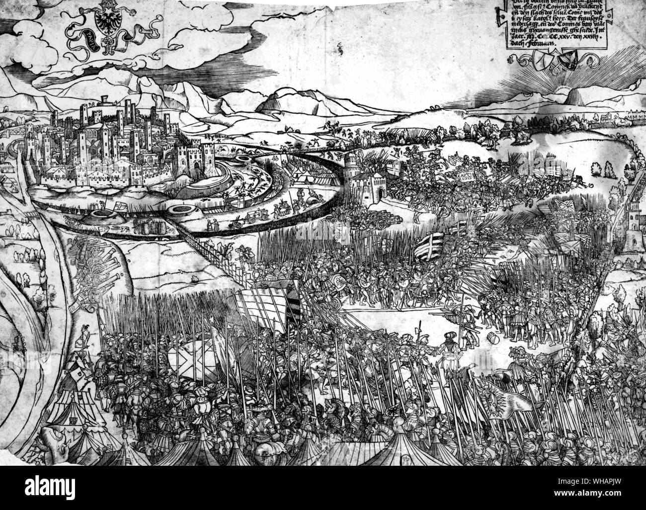 German engraving of the Battle of Pavia.. The Battle of Pavia: 24th February 1525. one of the last battles of the Italian Wars in 1525 when a Spanish Imperial army attempted to relieve a French siege of the Italian city of Pavia. The real battle was fought on the morning of 24 February. A heavy mist hangs over the battle field Stock Photo