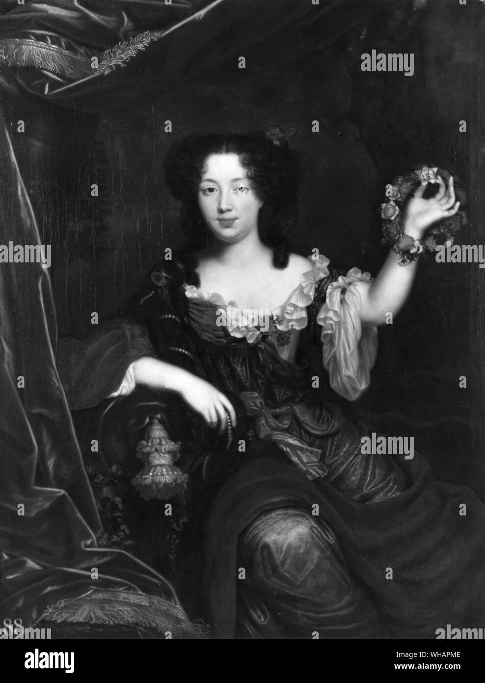 Louise Renee de Penancoet De Keroualle Duchess of Portsmouth and Aubigny 1649-1743. Probably by Vignon. Daughter of the Sieur de Keroualle, of a very old Breton family, appointed 1668 Maid of Honour to Henrietta, Duchess of Orleans whom she accompanied to England in 1670; she was later sent back by Louis XIV to enthral Charles II and she became his mistress in 1671. She bore the king one sone, Charles, Duke of Richmond, and was the heart of the French interest and a lavish exponent of French taste at the English court until her departure for France in 1688 Stock Photo