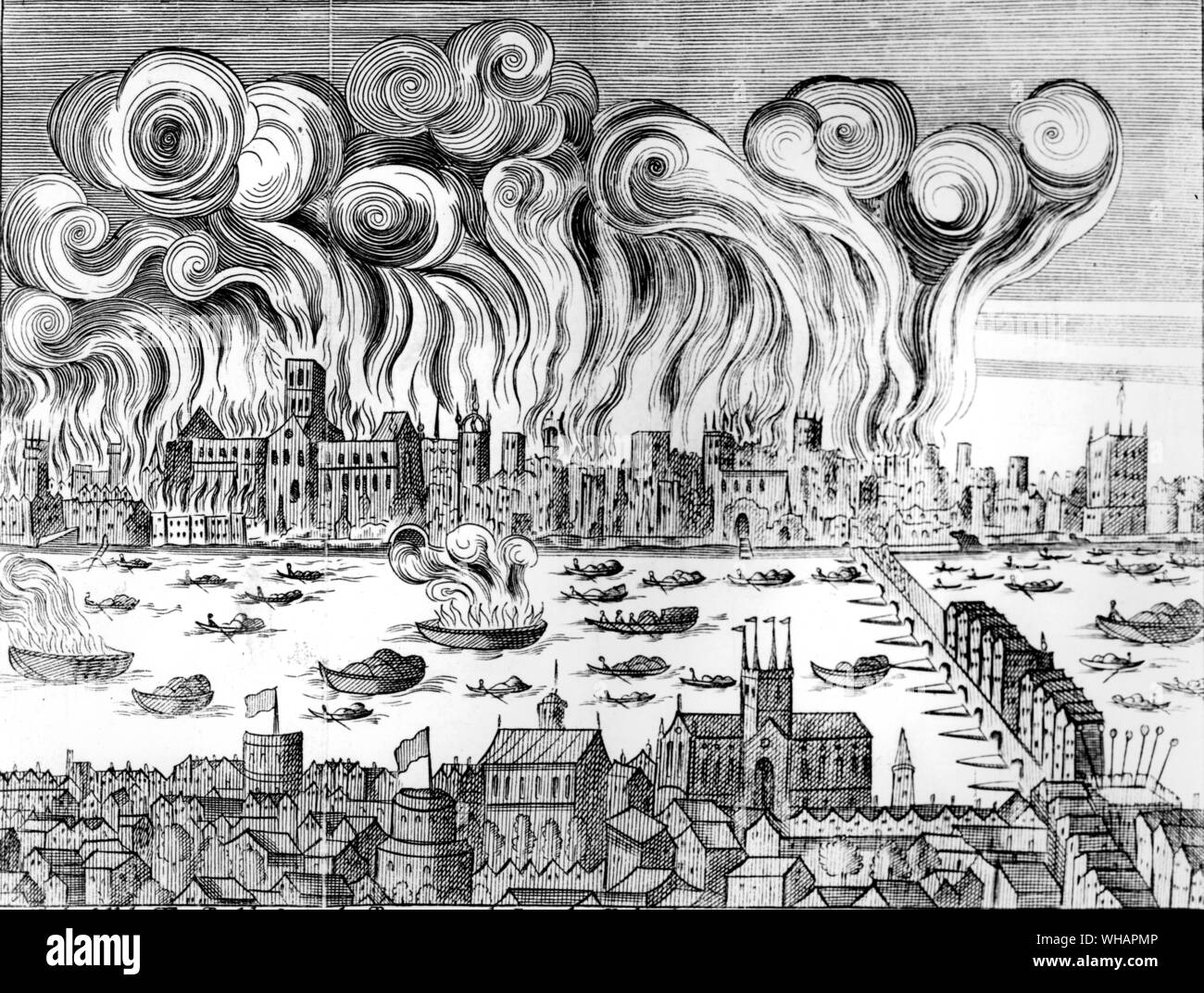 Wood cut of the Great Fire of London in 1666 Stock Photo