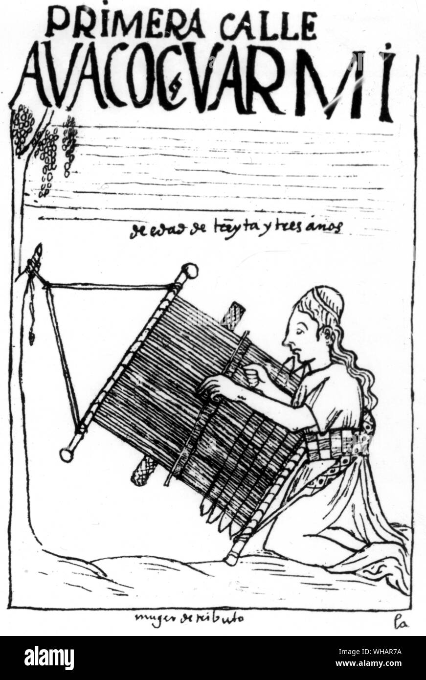 Peruvian codex entitled Nueva Coronica y Buen Gobierno compiled by felipe Huaman Poma de Ayala completed in 1613. Weaving was the basic occupation of women Stock Photo