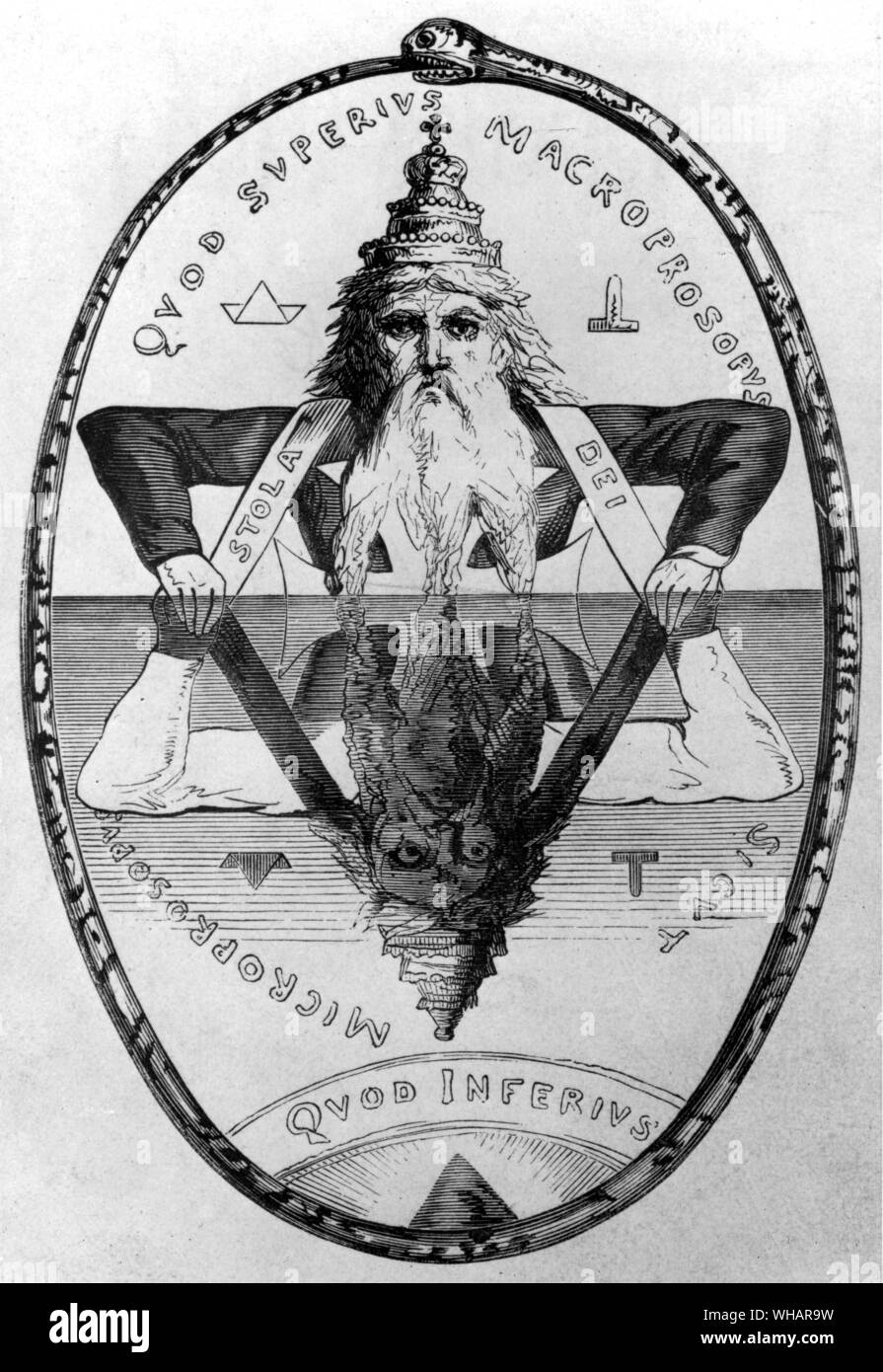 The Great Symbol of Solomon. The double triangle of Solomon, represented by the two Ancients of the kabbalah. the Macroprosopus and the Microprosopis, the God of Light and the god of reflections. mercy and vengeance. the White Jehovah and the Black Jehovah. Eliphas Levi: Dogme et Rituel de la Haute Magie 1861 Stock Photo