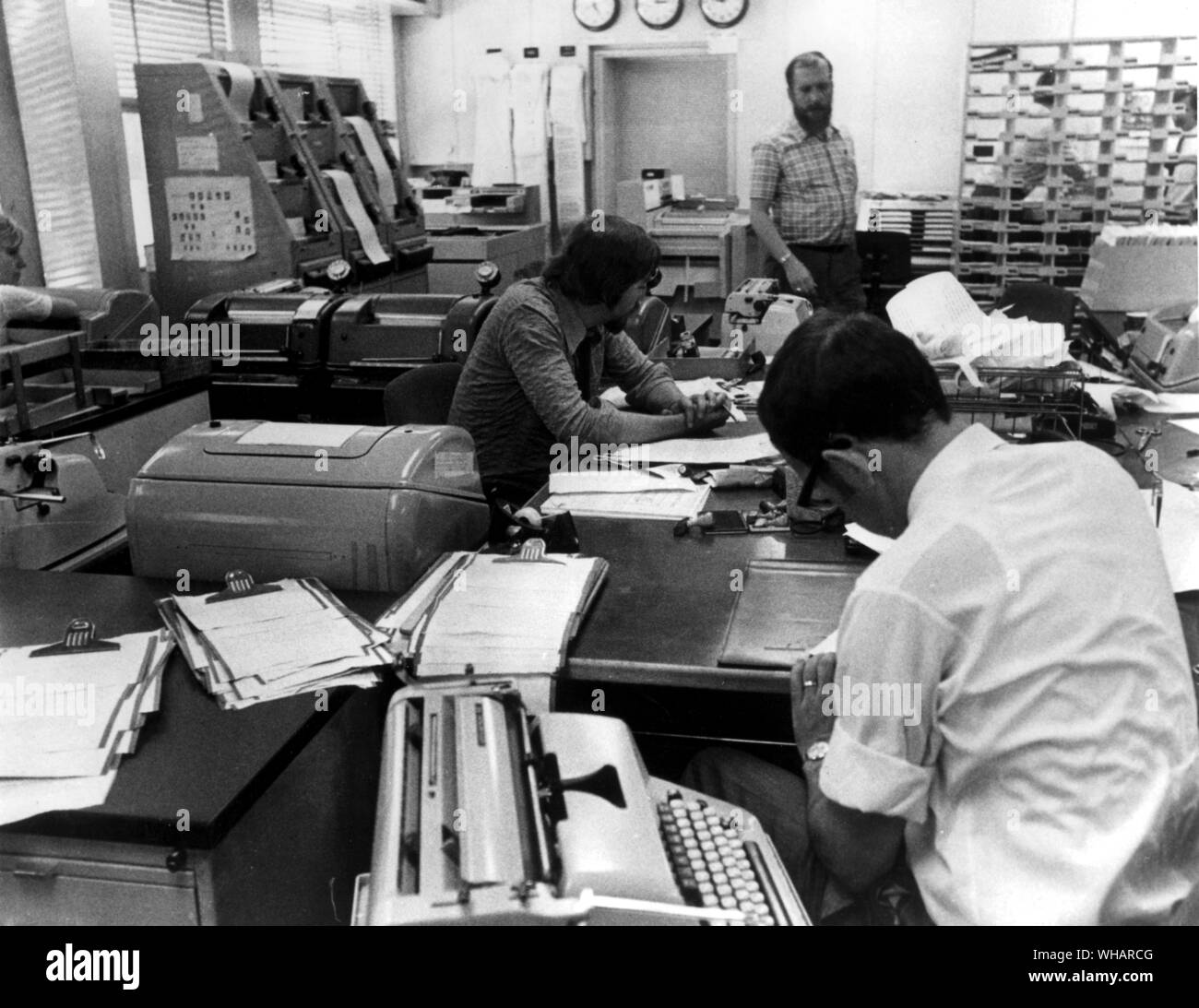 A view in the newsroom of Radio Free Europe in Munich, Germany, where news from all over the world is gathered and edited. 7th June 1971 Stock Photo