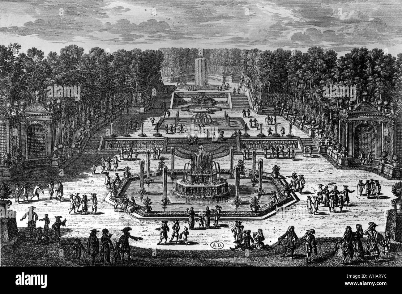 View of the garden of the three fountains in Versaille. It was one of Louis XIV's favorite gardens at his palace of Versailles, a gently sloping grove the size of two football fields, opulently adorned with bronze and marble and three mammoth fountains.. The splendor of Le Bosquet des Trois Fontaines, one of the great landscape achievements of the 17th century, made it that much harder to maintain, and the much-admired garden fell into ruin as history - the French revolution and two World Wars - took its toll on Versailles.. . Stock Photo