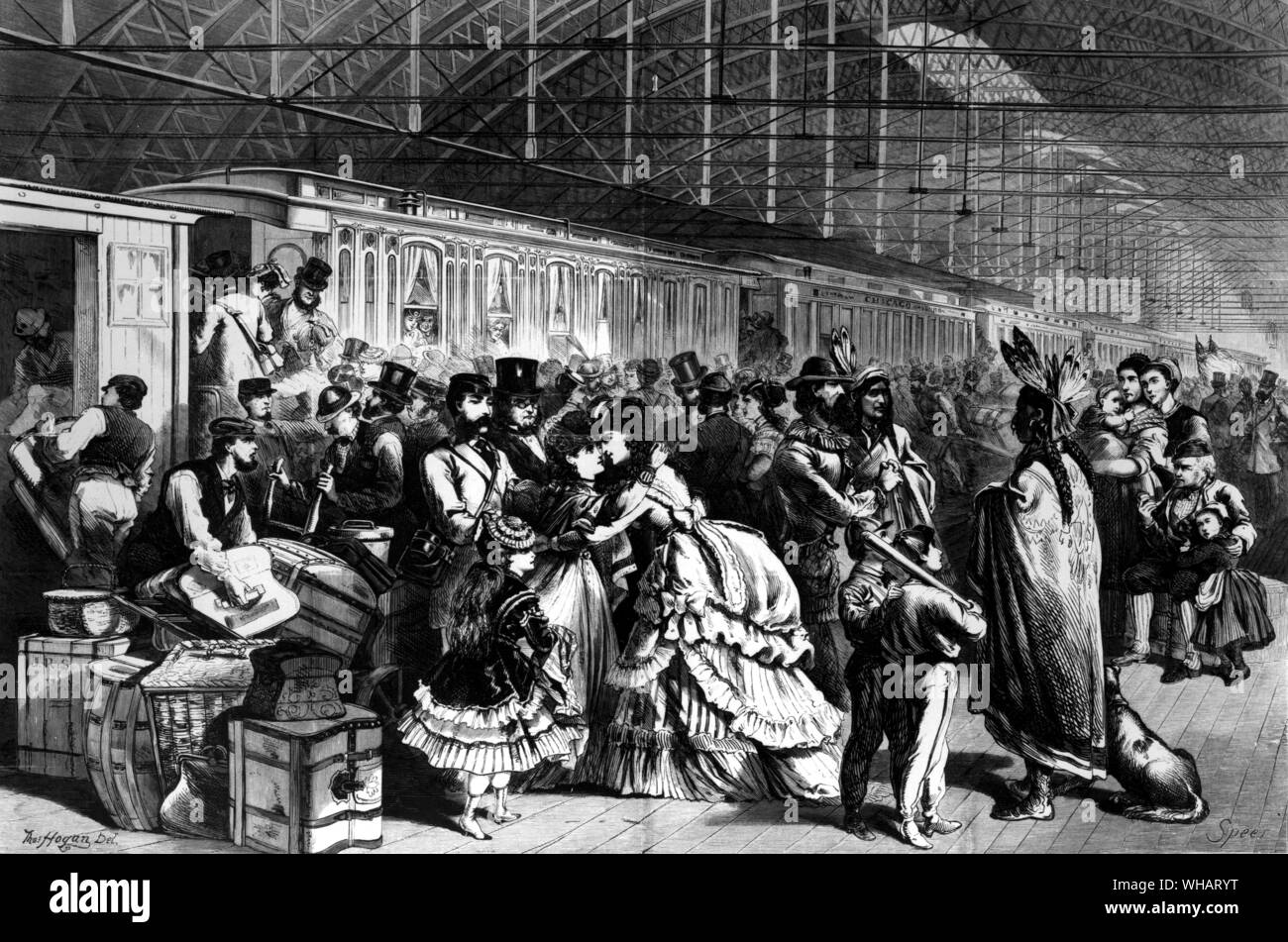 Great Railway Station at Chicago, departure of a train. Woodcut from Appleton's Journal . 1872 Stock Photo